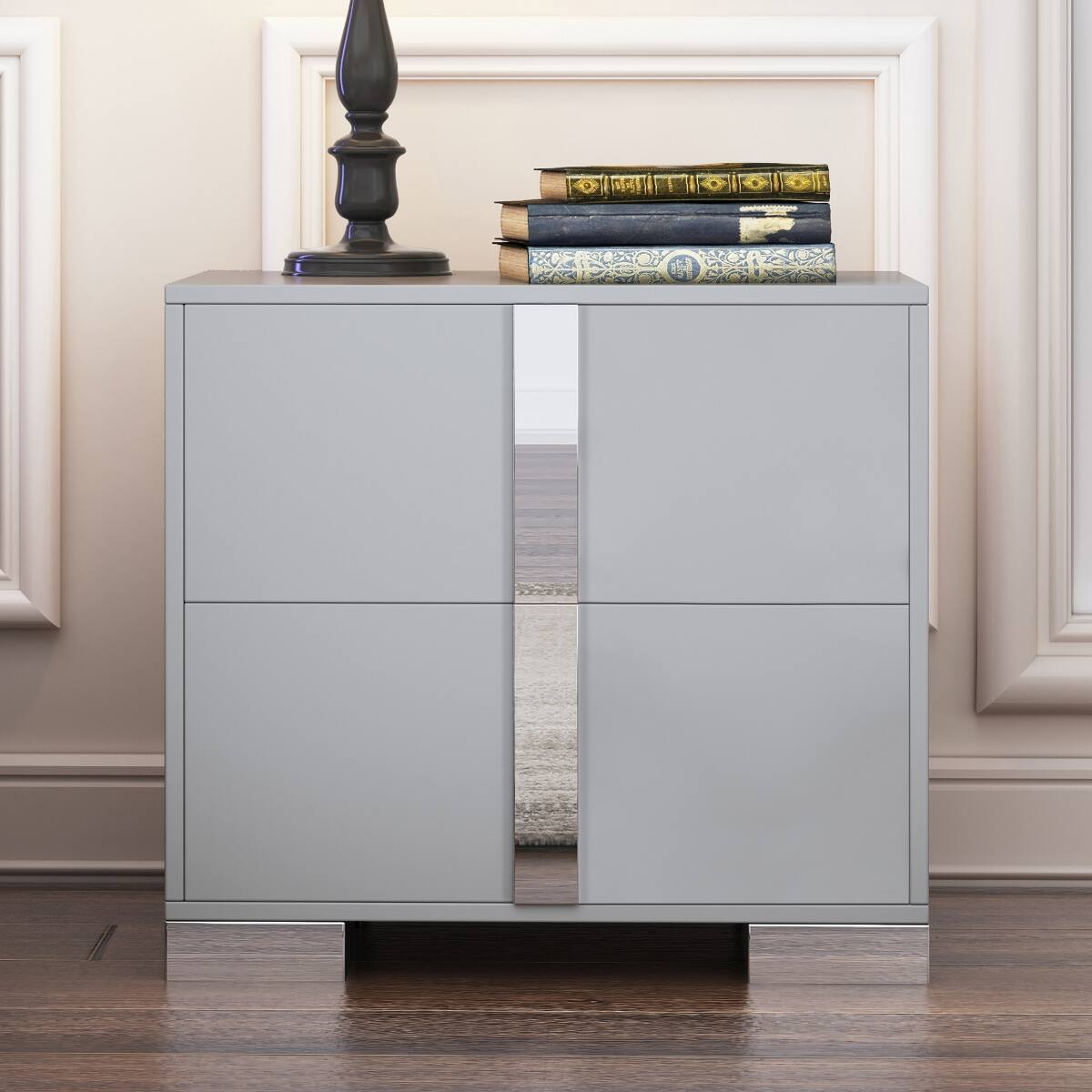 Front. Loheer - Loheer Gray Two Drawer Nightstand with Mirrored Accents and Metal Feet for Bedroom or Living Room - Gray.