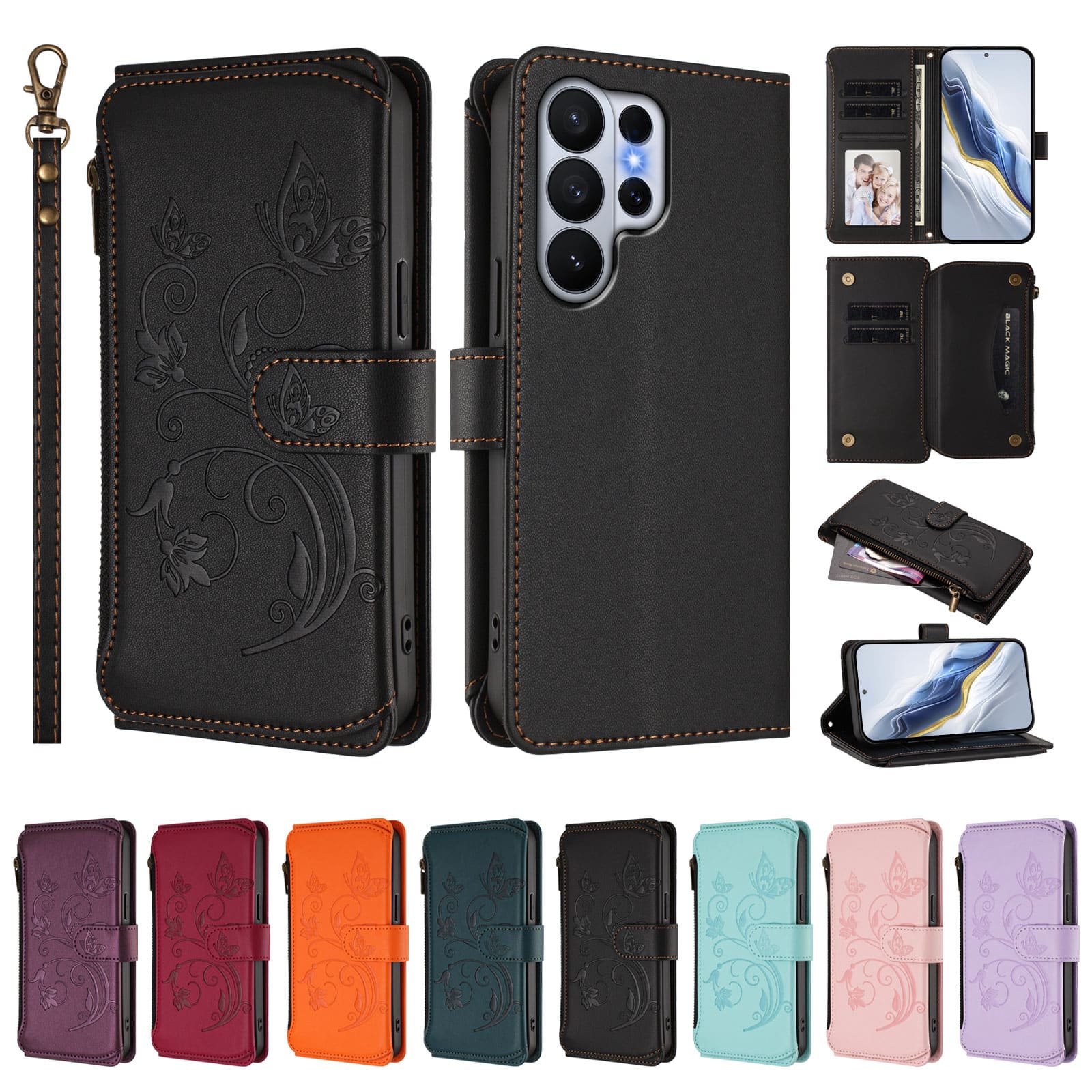 Dteck - Crossbody Wallet Case for Samsung Galaxy S26 Ultra,Embossed Butterfly Flower Folio Cover with Zipper Pocket+Strap - Black price history on PriceWatchPro