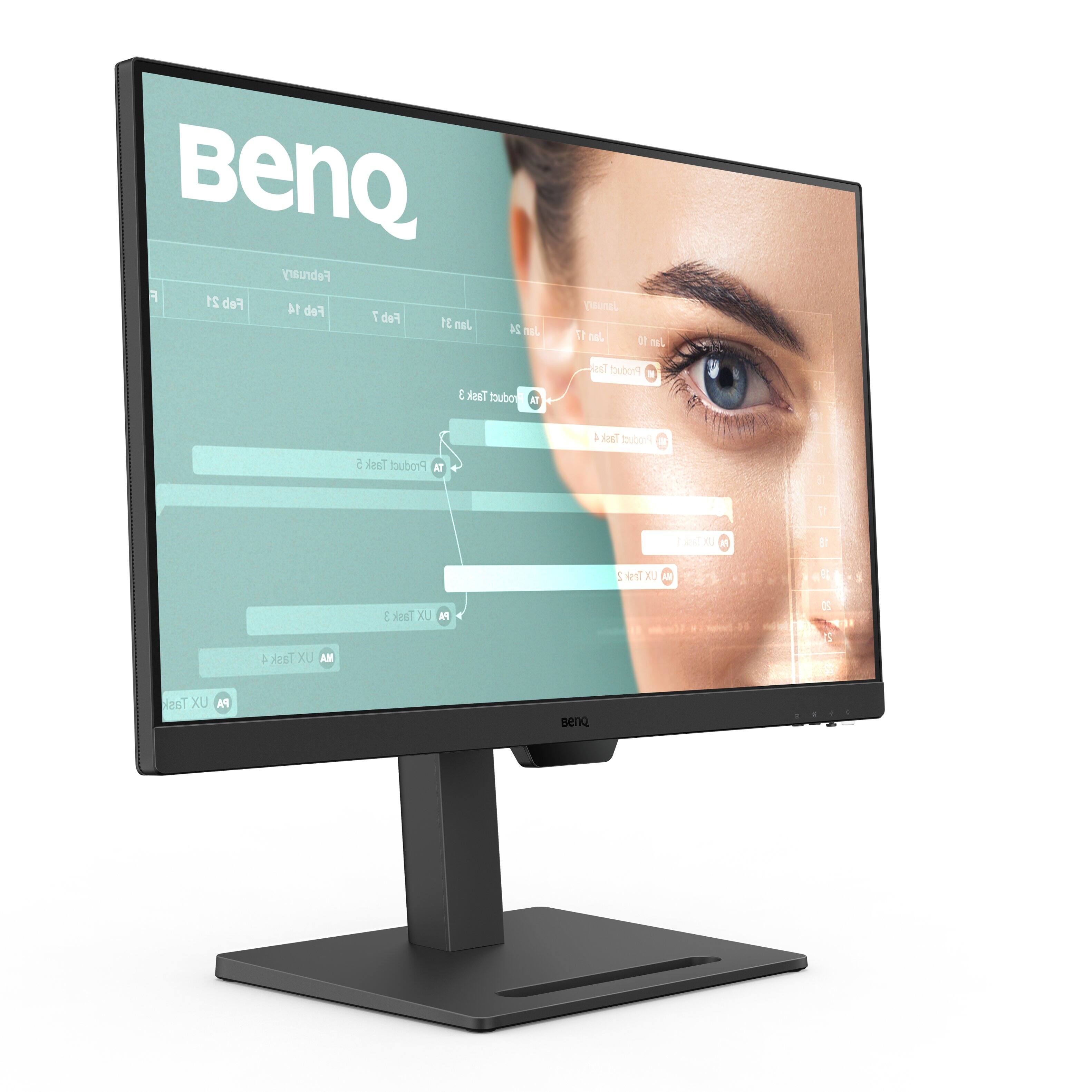 BenQ is a brand of computer monitors and other electronic devices. The image shows a BenQ computer monitor with a woman's face on the screen. The monitor is on a stand and is turned on. The text on the image is a list of dates, which may be related to the product's release or availability.
