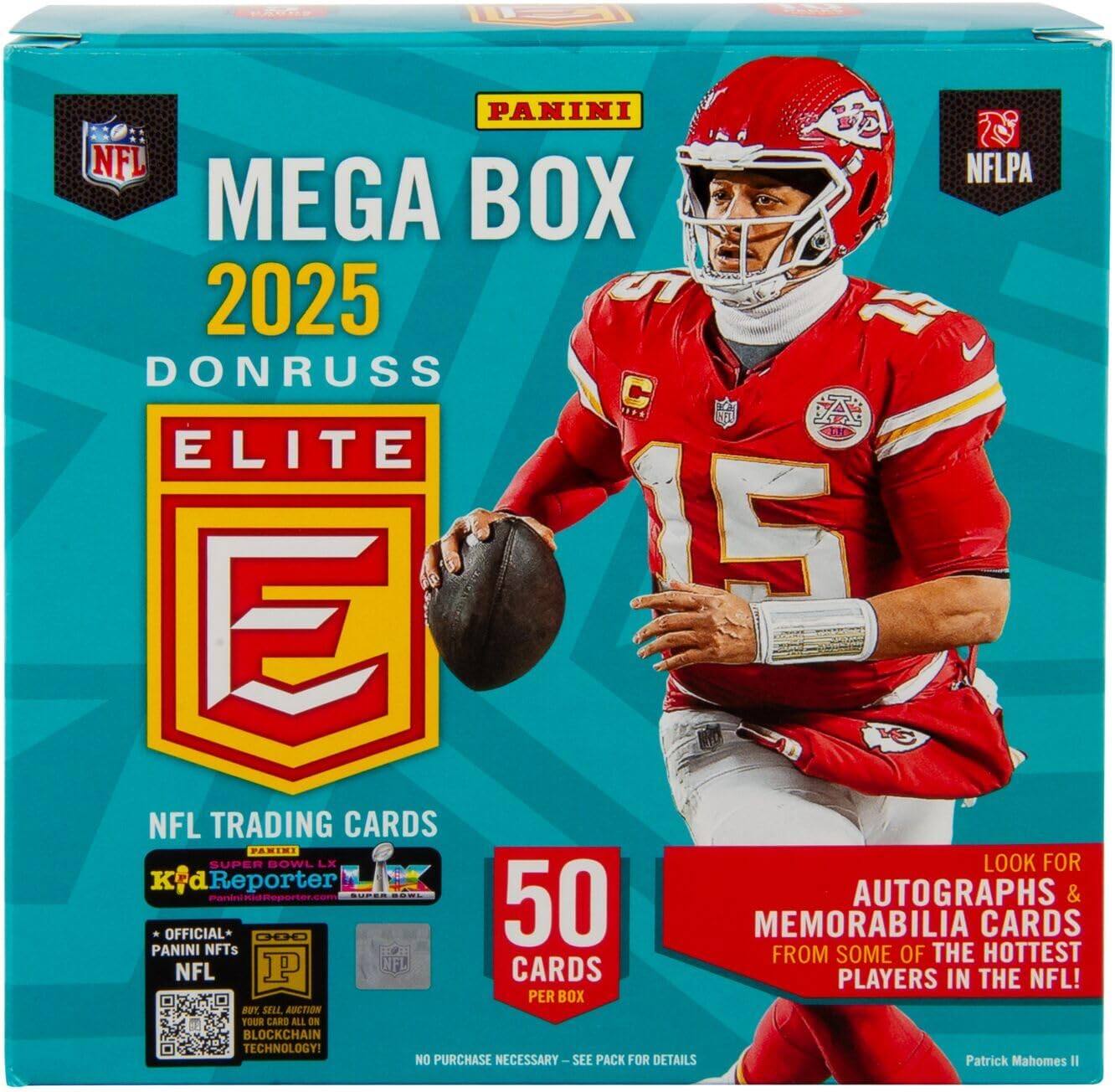 PANINI NFL NFLPA MEGA BOX 2025  
DONRUSS ELITE  
NFL TRADING CARDS  
50 CARDS PER BOX  
LOOK FOR AUTOGRAPHS & MEMORABILIA CARDS FROM SOME OF THE HOTTEST PLAYERS IN THE NFL!  
OFFICIAL PANINI NFTs FROM SOME OF THE HOTTEST NFL CARDS!  
NO PURCHASE NECESSARY - SEE PACK FOR DETAILS  
Patrick Mahomes II
