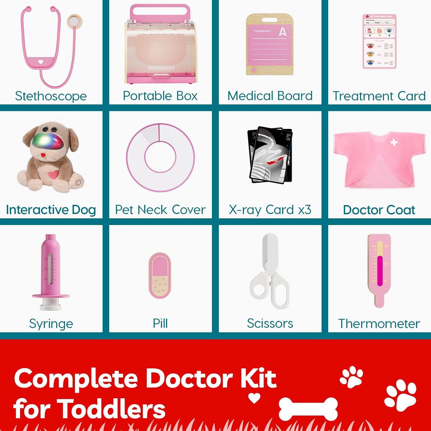 A TOPBRIGHT Stethoscope Portable Box Medical Board Treatment Card + Interactive Dog Pet Neck Cover X-ray Card x3 Doctor Coat Syringe Pill Scissors Thermometer Complete Doctor Kit for Toddlers
