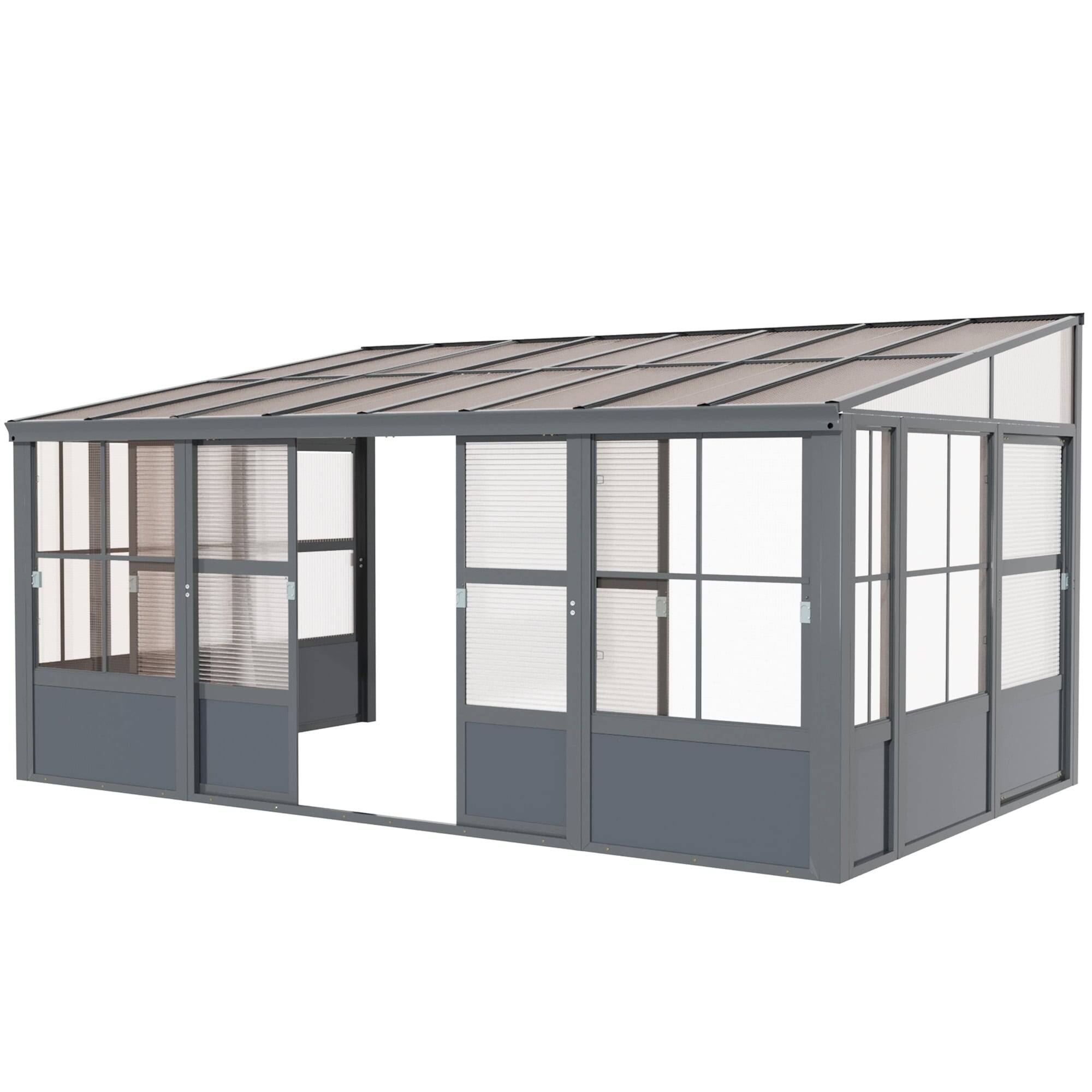 Alt View 5. U-HOMY - 10' x 16' Wall Mounted Sunroom with Sliding Door & Gutter, All-Season Aluminum Gazebo Solarium for Patio - Modern Grey.