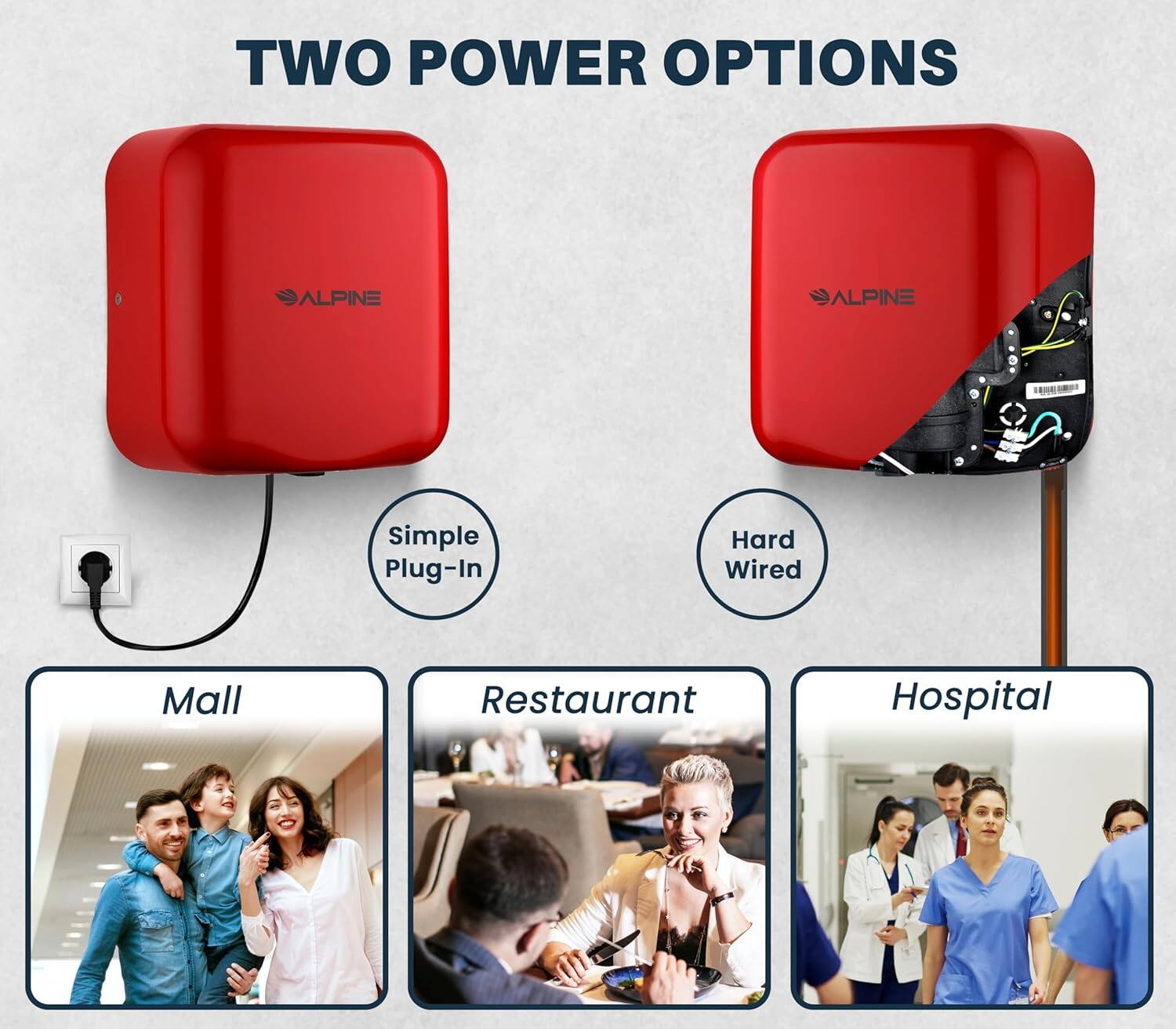 TWO POWER OPTIONS
ALPINE
ALPINE
Simple Plug-In
Hard Wired
Mall
Restaurant
Hospital