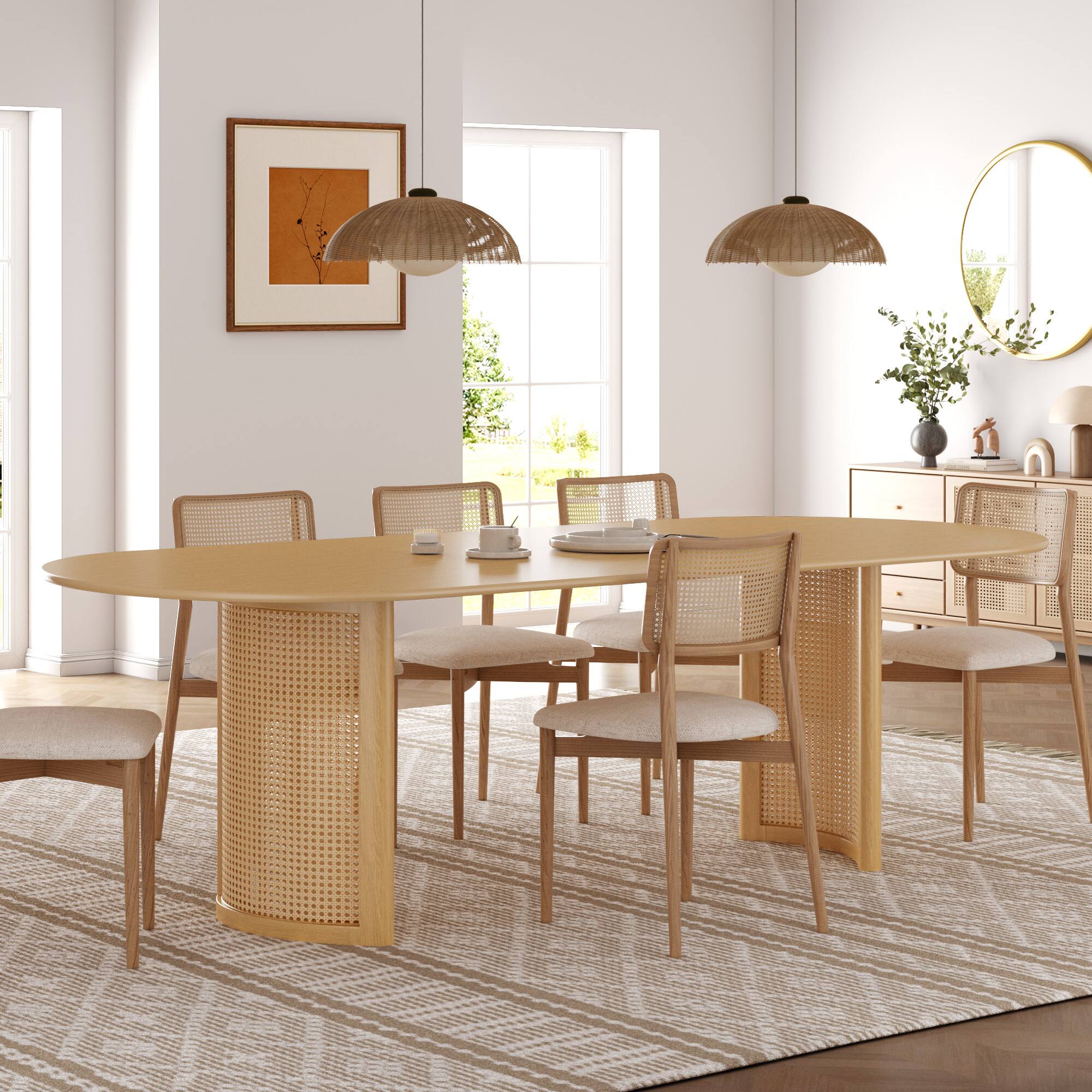 Angle. Lirago - 79" Solid Wood Oval Dining Table with Cane Weave Double Pedestal Large Kitchen Table Seats 6-8 or More for Dining Room - Natural.