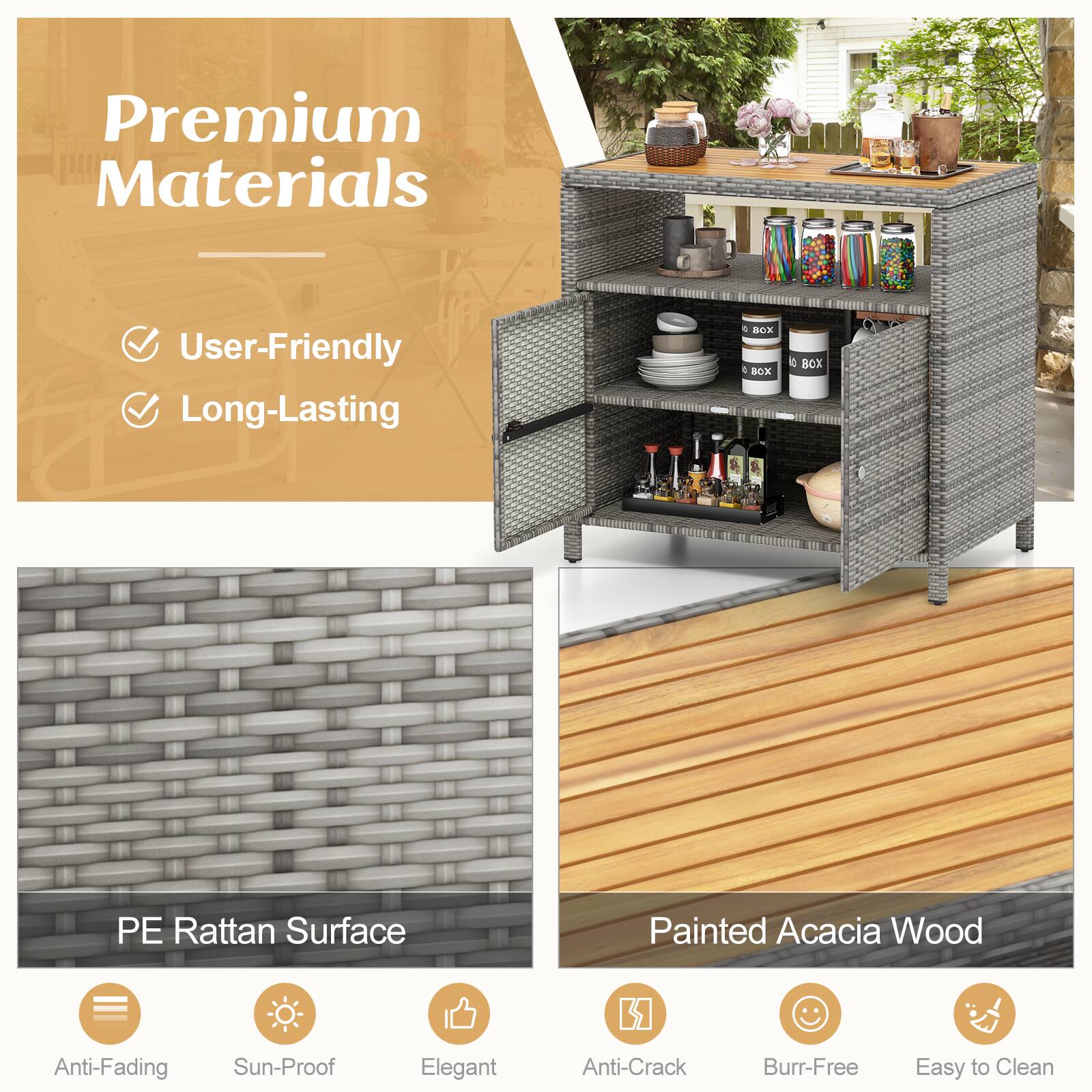 Premium Materials, User-Friendly, Long-Lasting, PE Rattan Surface, Painted Acacia Wood, Anti-Fading, Sun-Proof, Elegant, Anti-Crack, Burr-Free, Easy to Clean