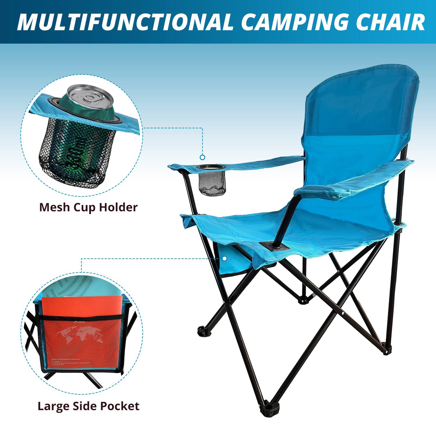 Multifunctional Camping Chair: Mesh Cup Holder and Large Side Pocket