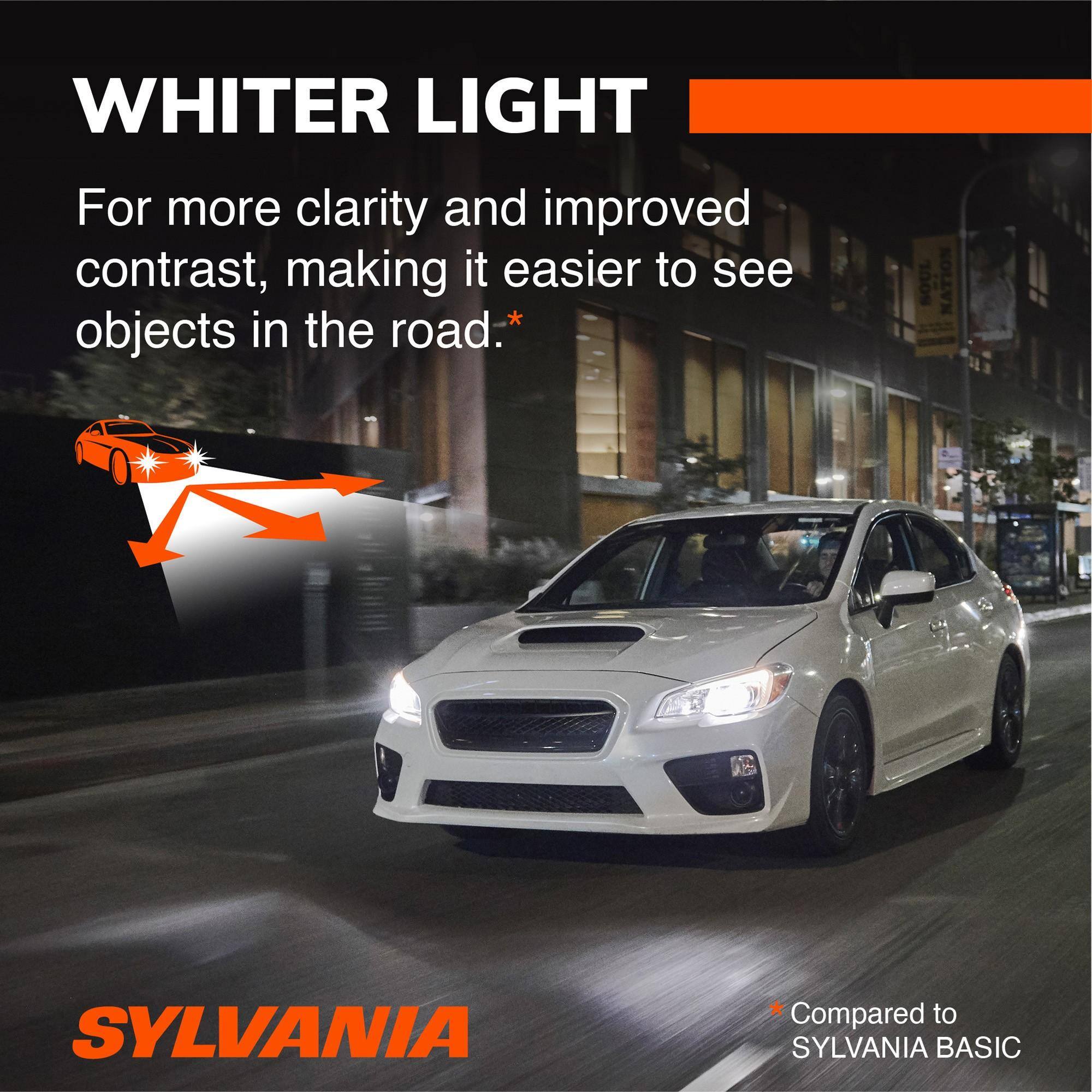 WHITER LIGHT

For more clarity and improved contrast, making it easier to see objects in the road. *

SYLVANIA

Compared to SYLVANIA BASIC