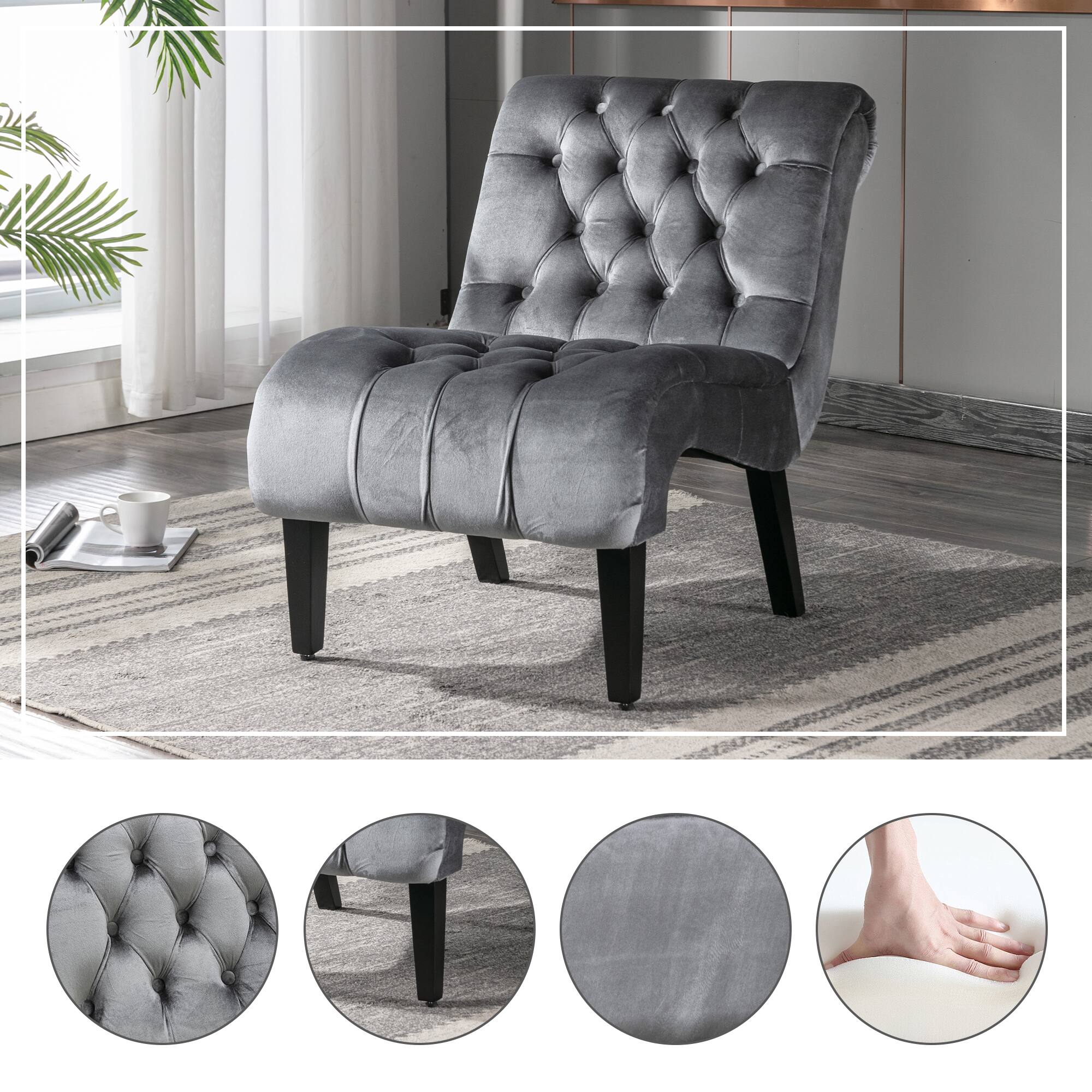 Alt View 2. Trinkets Crazed - Velvet Accent Lounge Chair for Living Room, Modern Leisure Chair with Tufted Backrest, Indoor Armless Side Chair - Silver.