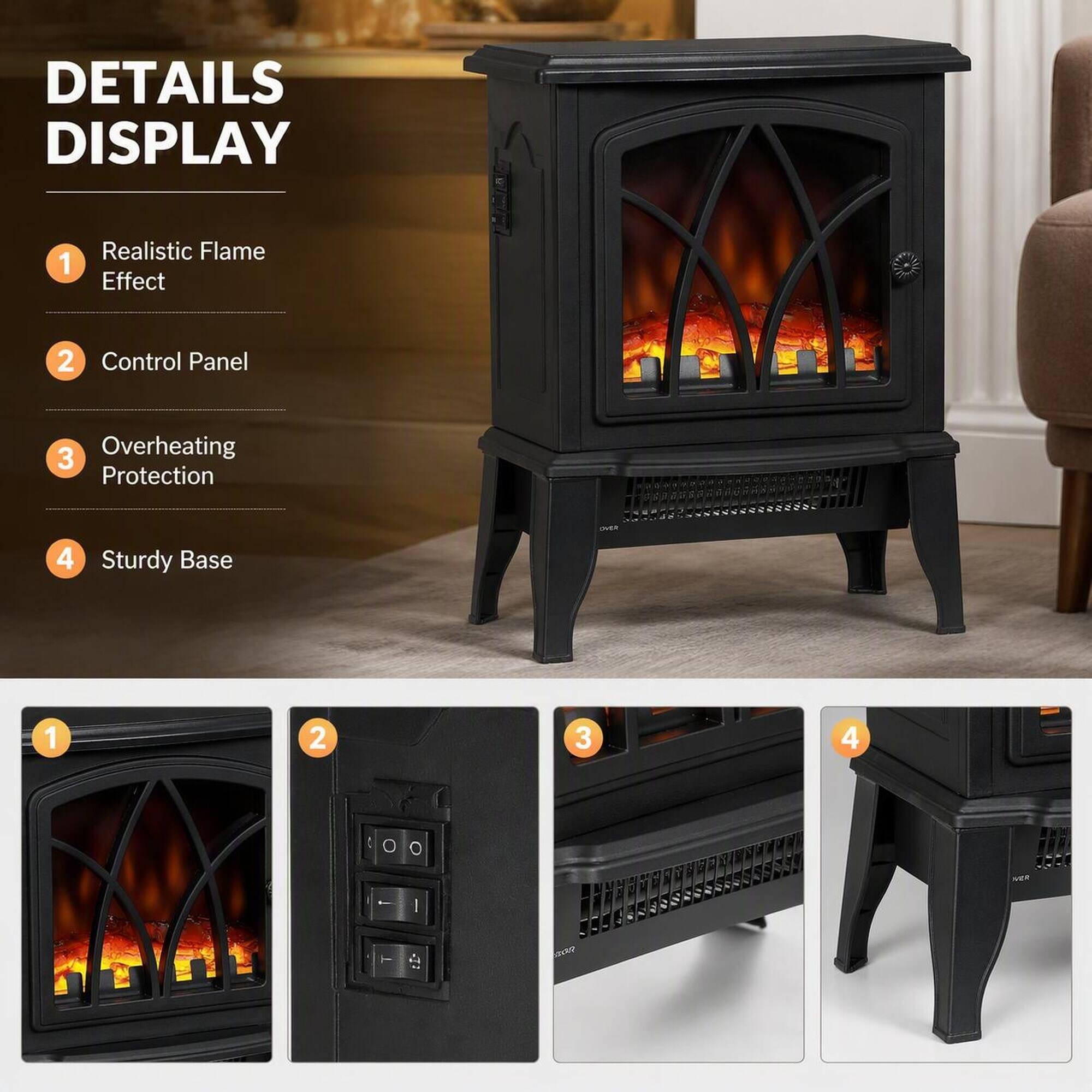 DETAILS DISPLAY
1. Realistic Flame Effect
2. Control Panel
3. Overheating Protection
4. Sturdy Base