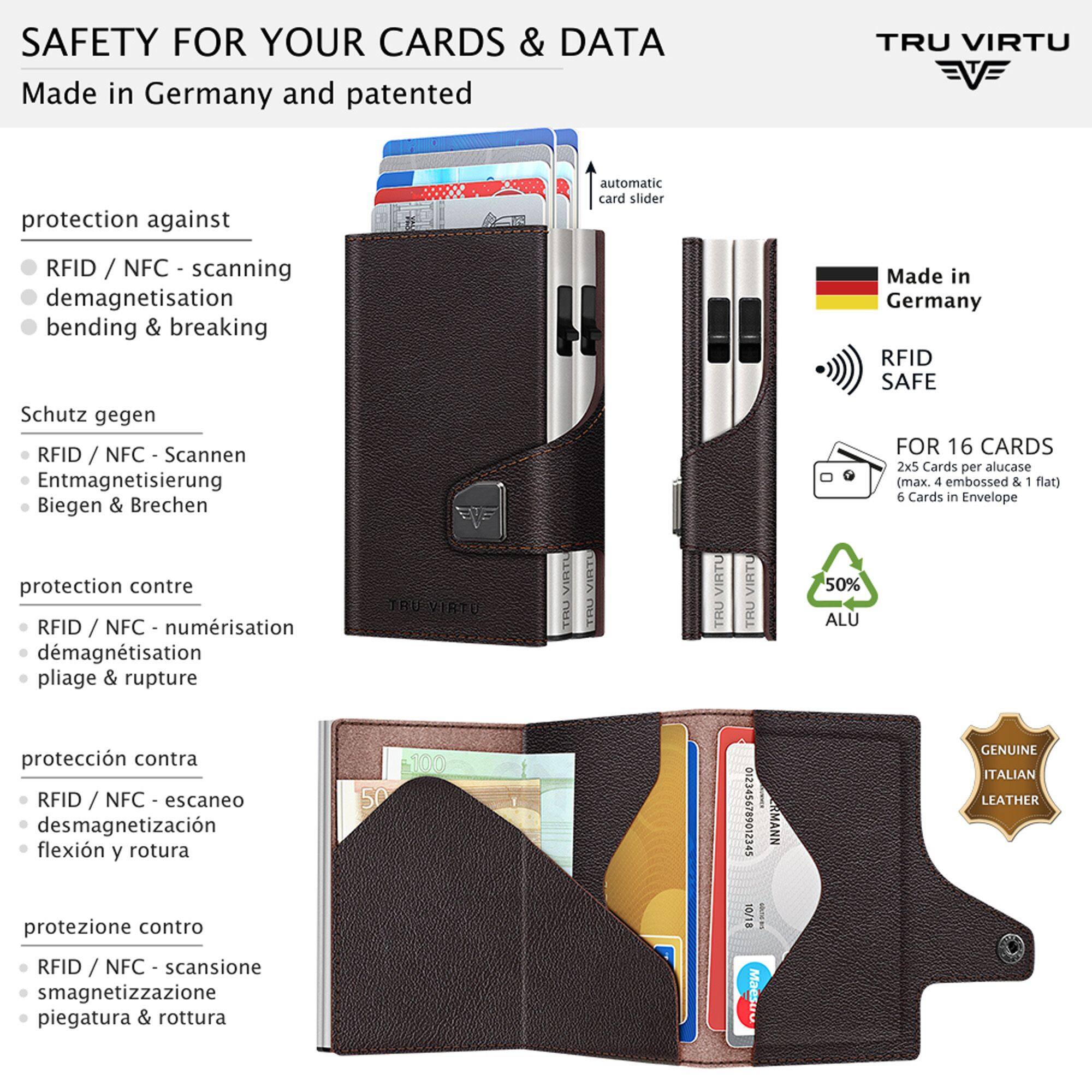 SAFETY FOR YOUR CARDS & DATA  
Made in Germany and patented  

TRU VIRTU  

protection against  
RFID / NFC scanning  
demagnetisation  
bending & breaking  

Schutz gegen  
RFID / NFC - Scannen  
Entmagnetisierung  
Biegen & Brechen  

protection contre  
RFID / NFC - numérisation  
démagnétisation  
pliage & rupture  

protección contra  
RFID / NFC - escaneo  
desmagnetización  
flexión y rotura  

protezione contro  
RFID / NFC - scansione  
smagnetizzazione  
piegatura & rottura  

VIRTU TRU  
VIRTU TRU 0123456789012345 10/18 Maestro  

Made in Germany RFID SAFE FOR 16 CARDS  
2x5 Cards per alucase (max. 4 embossed & 1 flat)  
6 Cards in Envelope  
50% ALU  
GENUINE ITALIAN LEATHER
