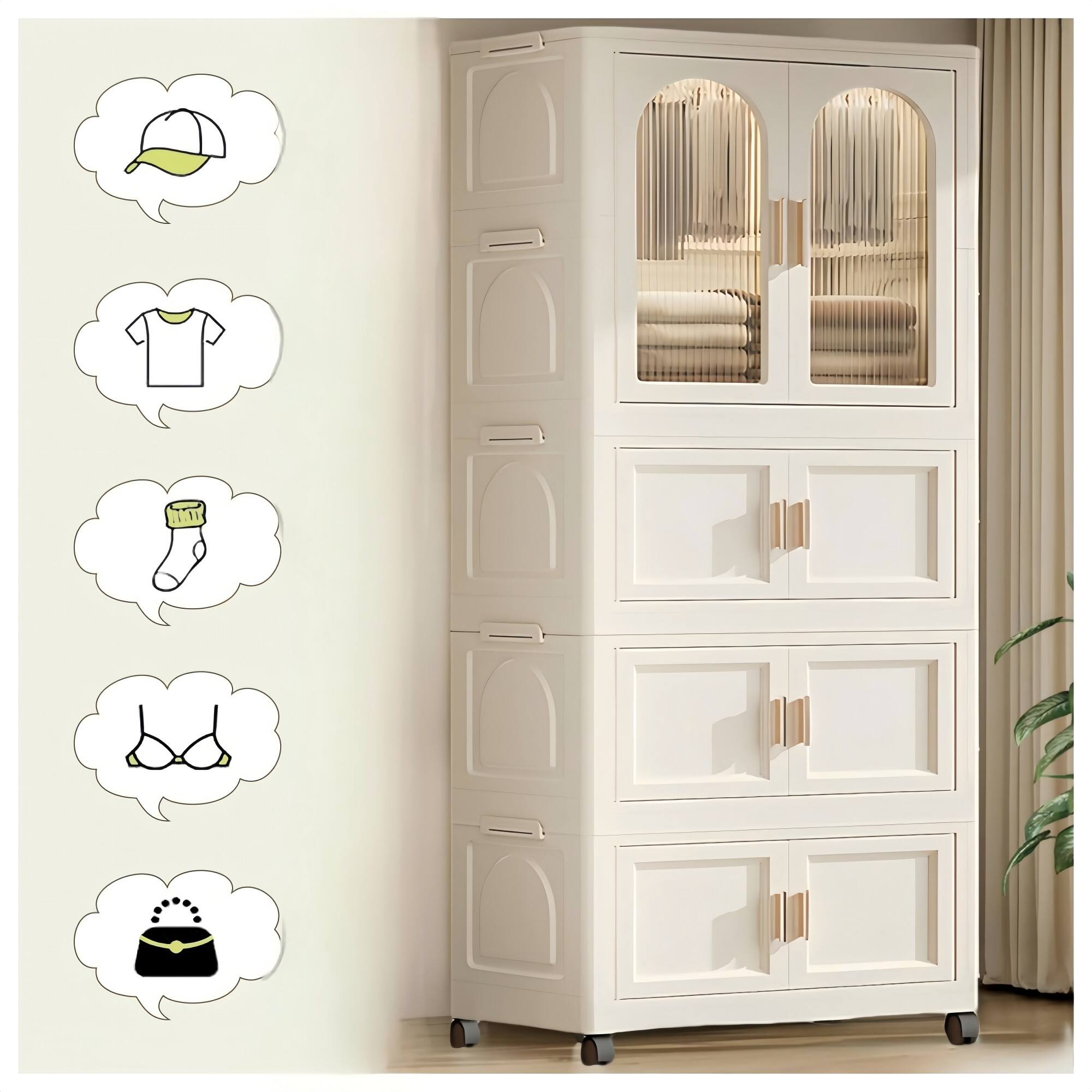Alt View 5. Ecooso - 25.59" Folding Wardrobe Closet with Magnetic Door and Wheels, Storage Organizer with Folding Boxes and Hangers - Cream White.