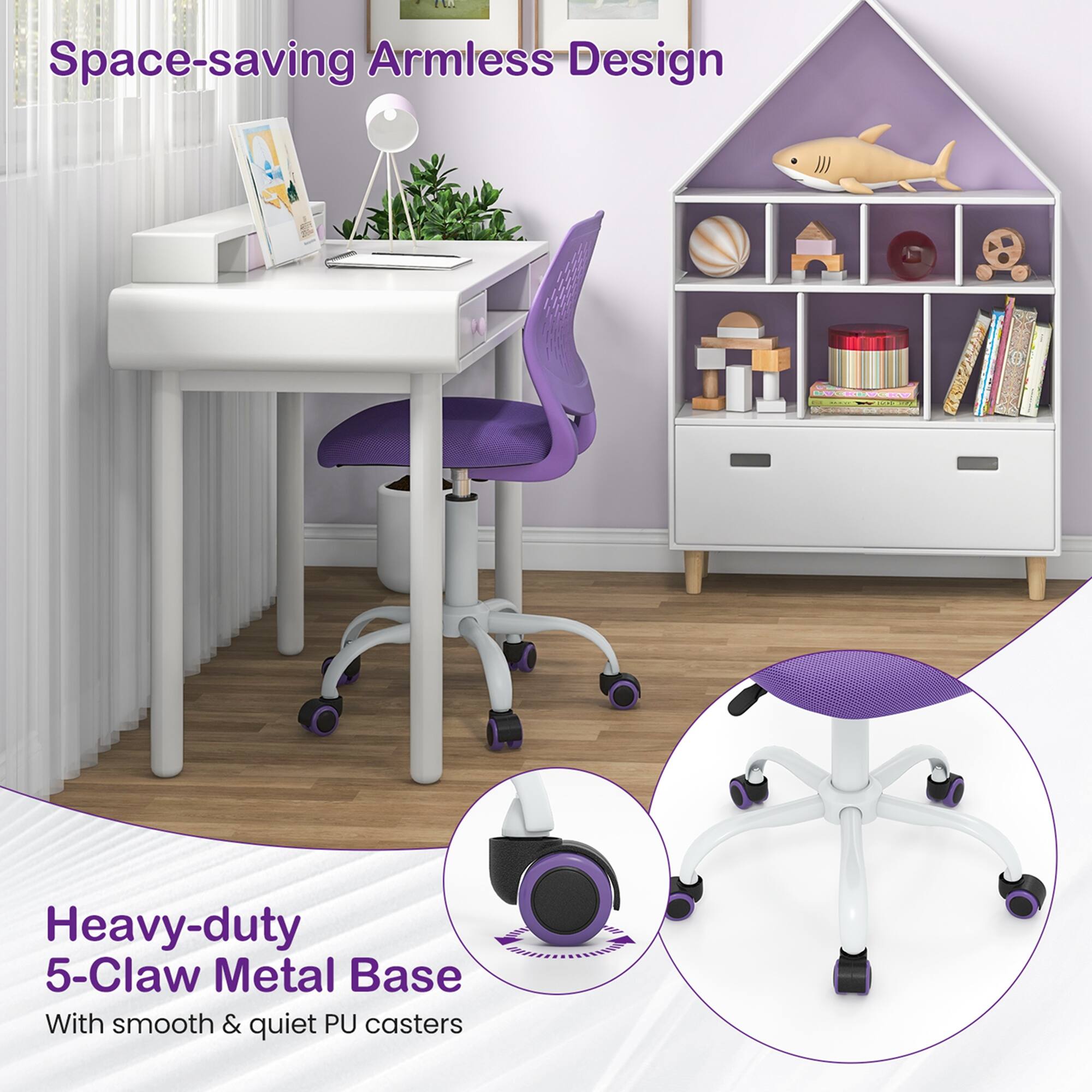 Space-saving Armless Design, Heavy-duty 5-Claw Metal Base, With smooth & quiet PU casters