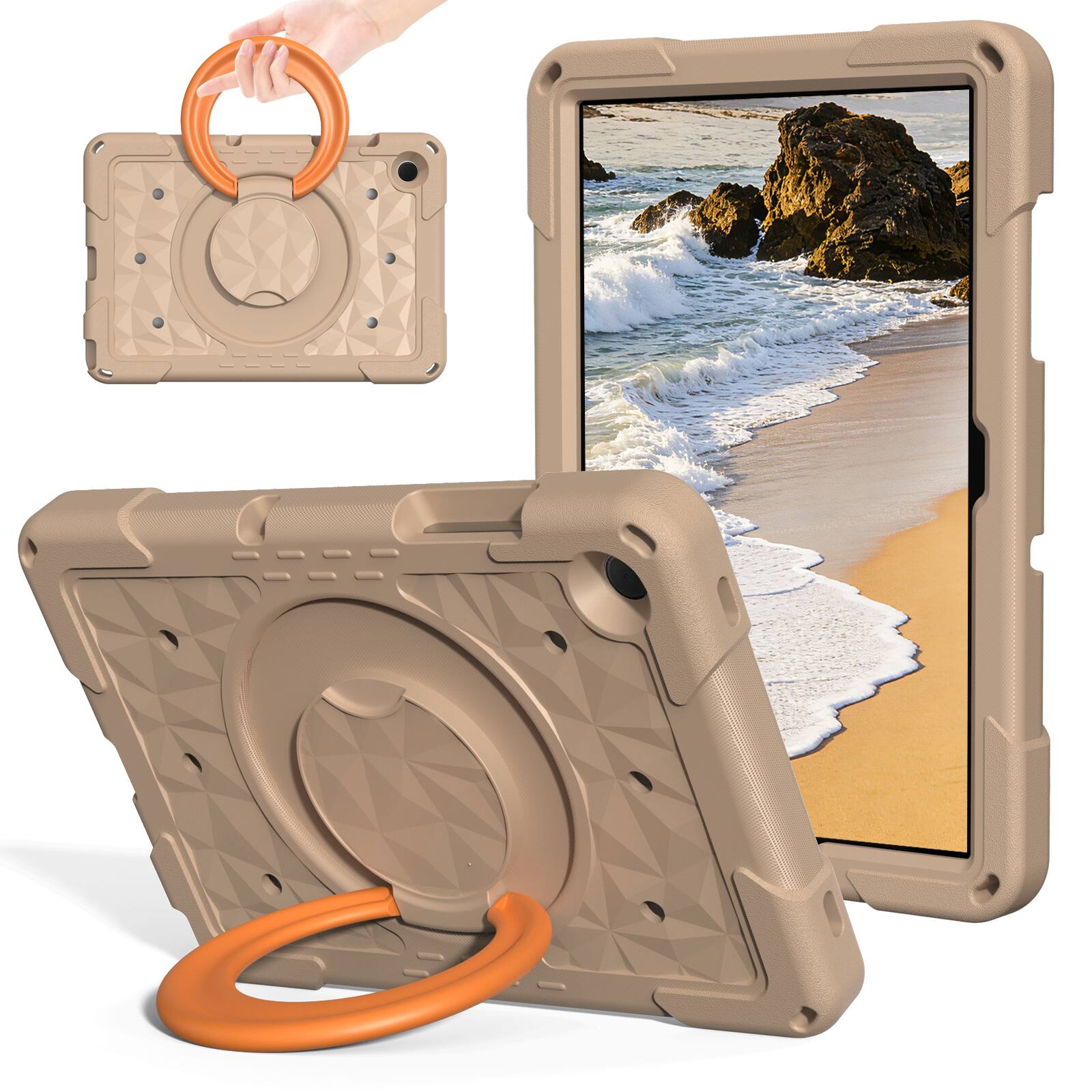 Angle. UUCOVER - Kids Case for iPad (A16) 11-inch 2025 /iPad 10th Gen 10.9" 2022 Shockproof EVA Handle Stand Cover with Shoulder Strap - Khaki+Orange.