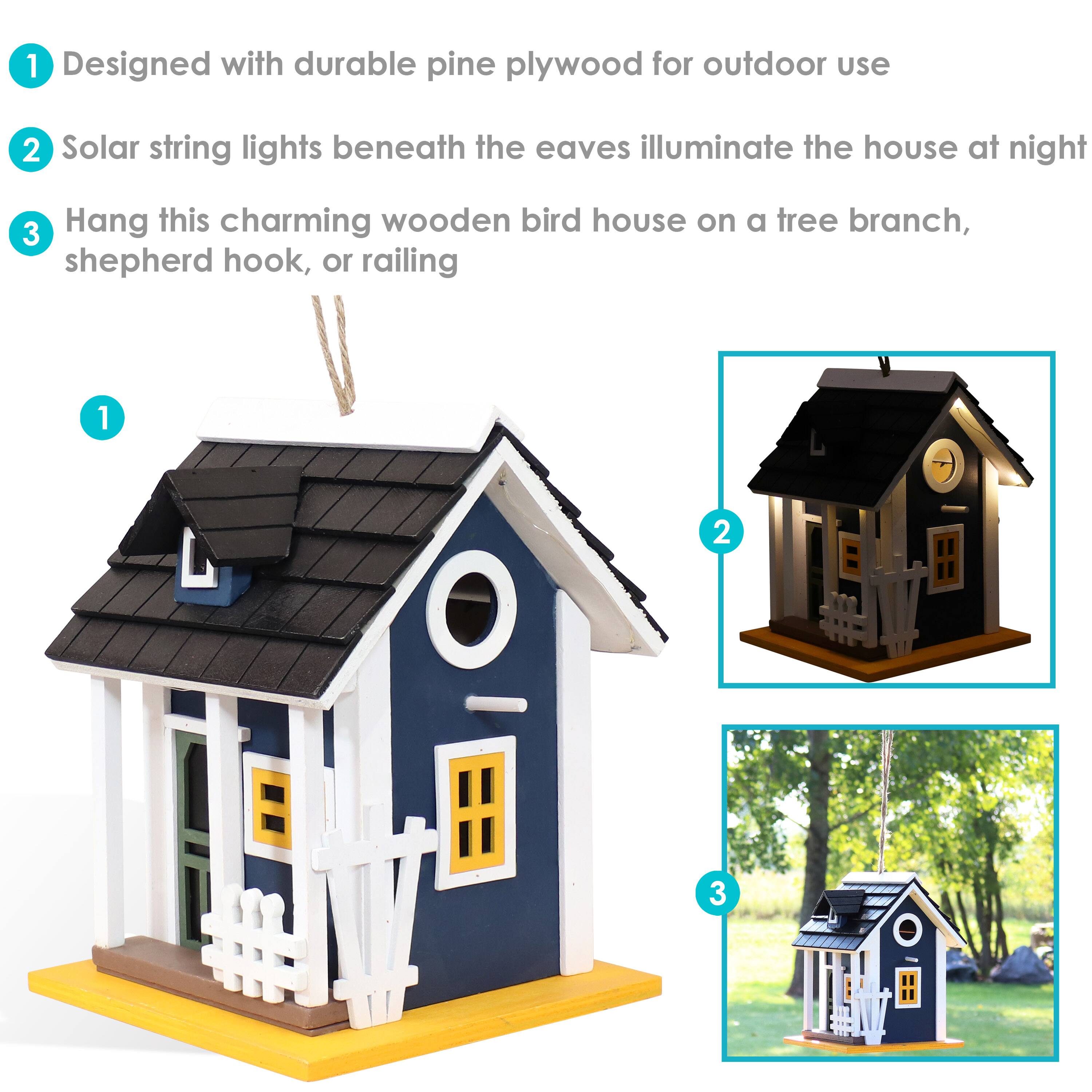 1. Designed with durable pine plywood for outdoor use  
2. Solar string lights beneath the eaves illuminate the house at night  
3. Hang this charming wooden bird house on a tree branch, shepherd hook, or railing