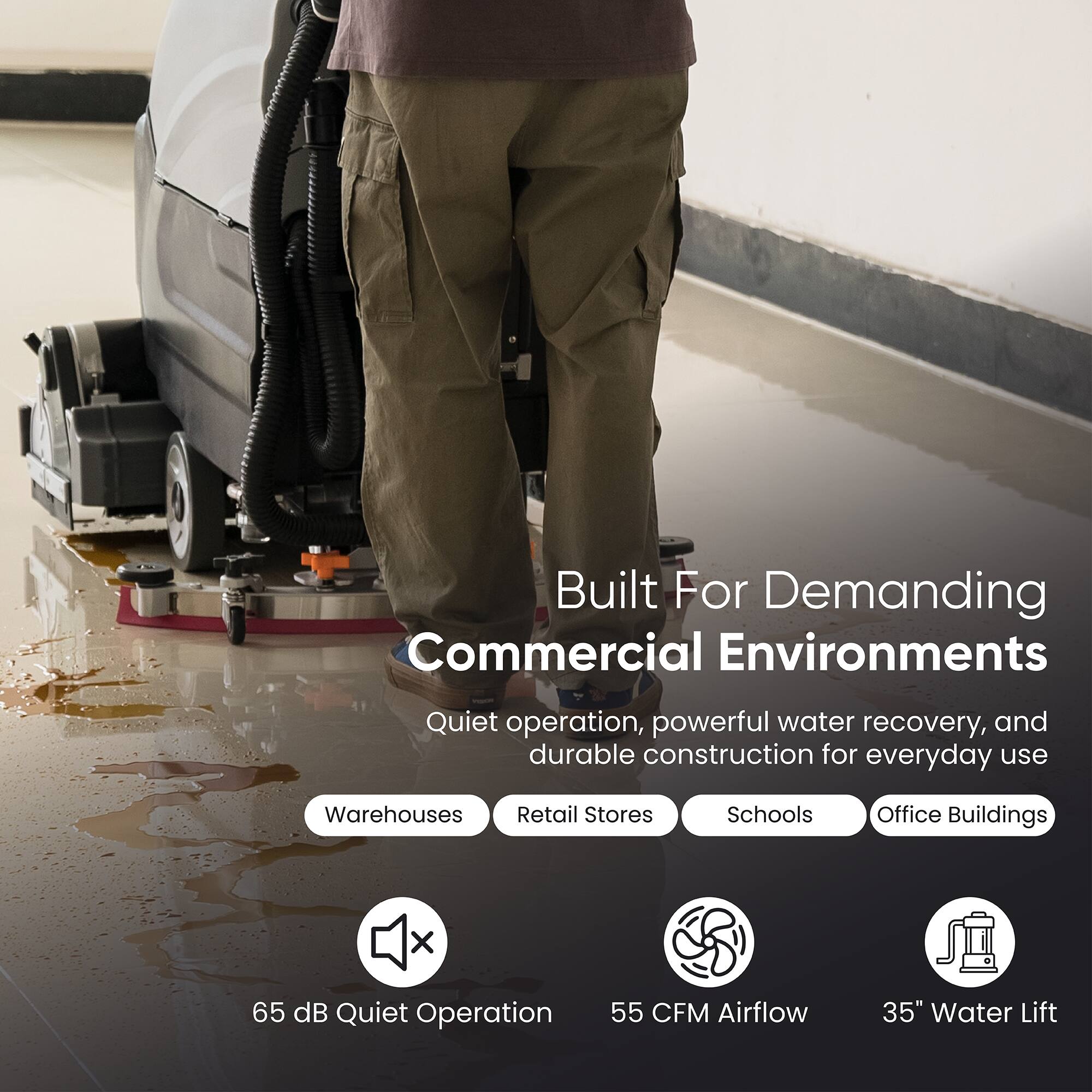 Built For Demanding Commercial Environments

Quiet operation, powerful water recovery, and durable construction for everyday use

Warehouses Retail Stores Schools Office Buildings

65 dB Quiet Operation
55 CFM Airflow
35" Water Lift