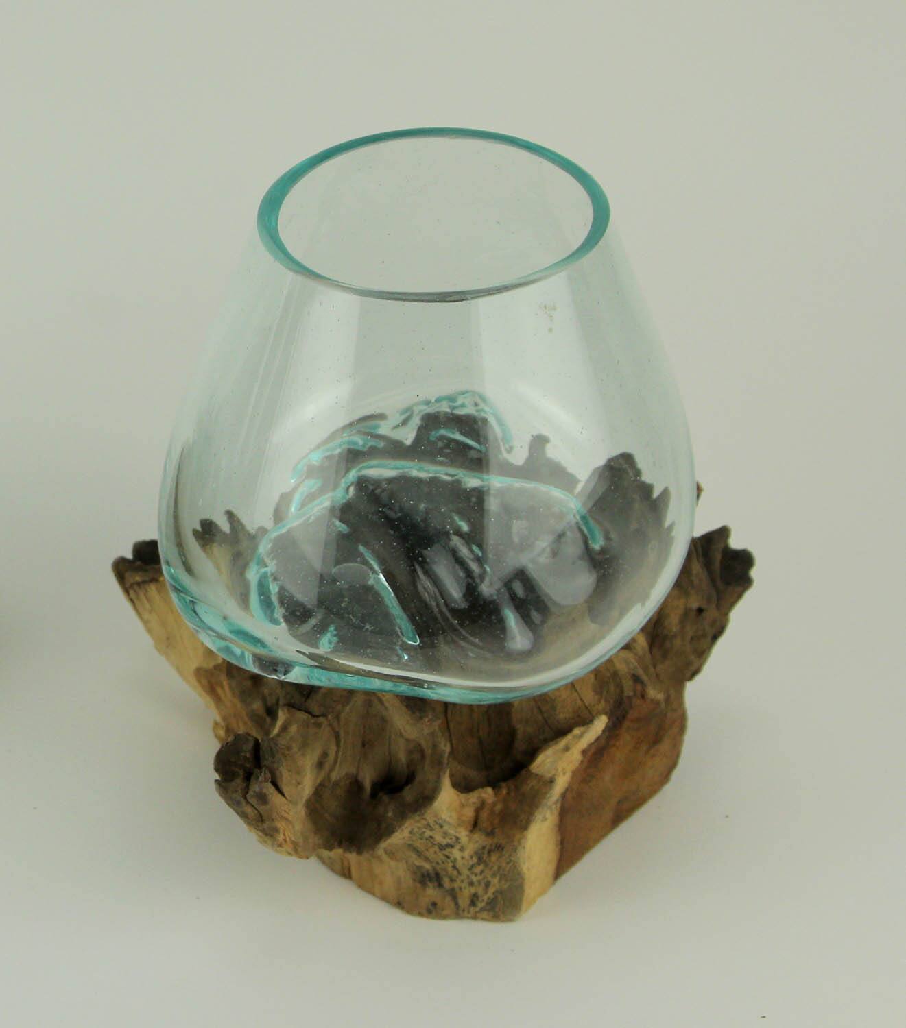 Alt View 2. Zeckos - Clear Molten Glass On Teak Driftwood Base Decorative Bowl Vase Terrarium Planter - Brown.