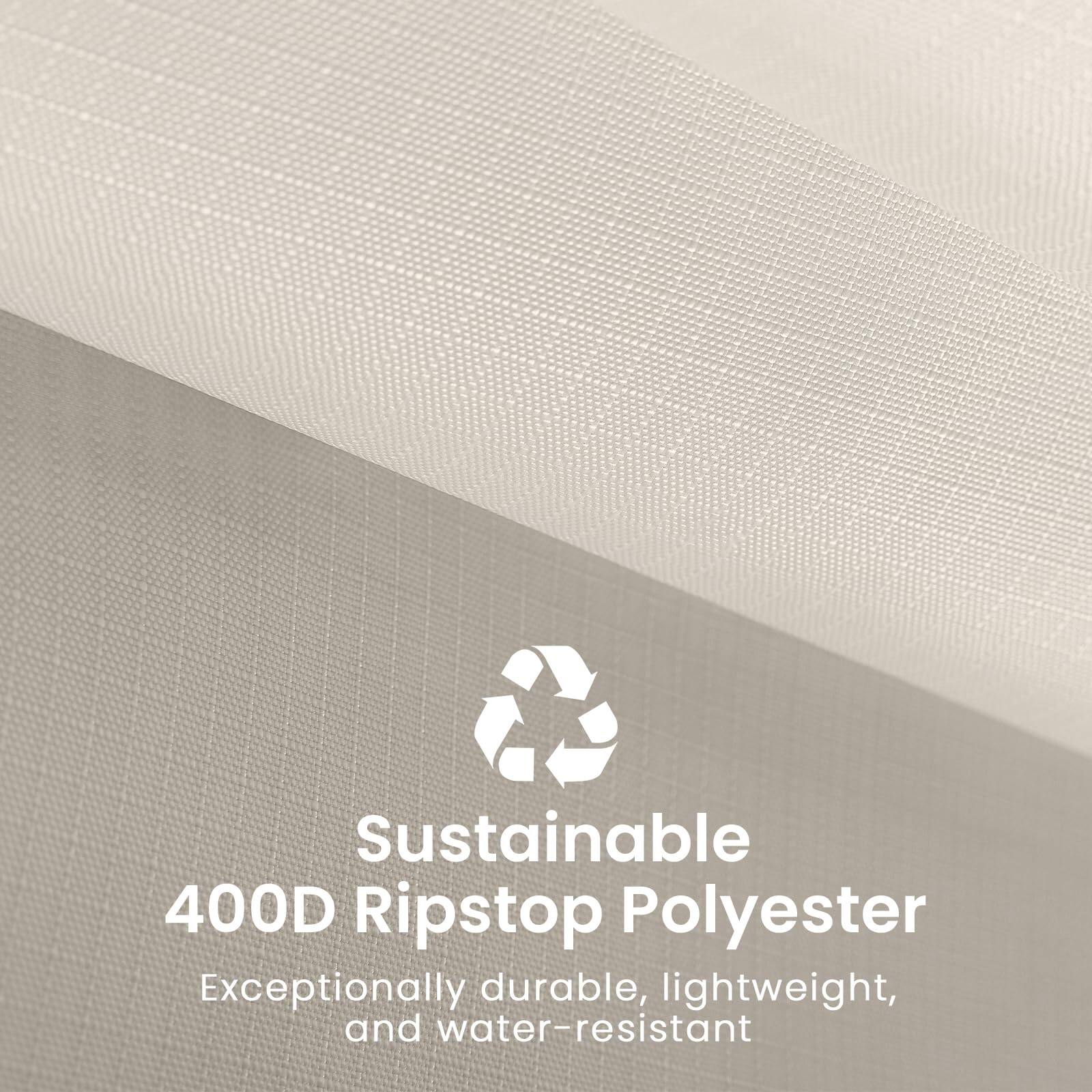 Sustainable 400D Ripstop Polyester  
Exceptionally durable, lightweight, and water-resistant