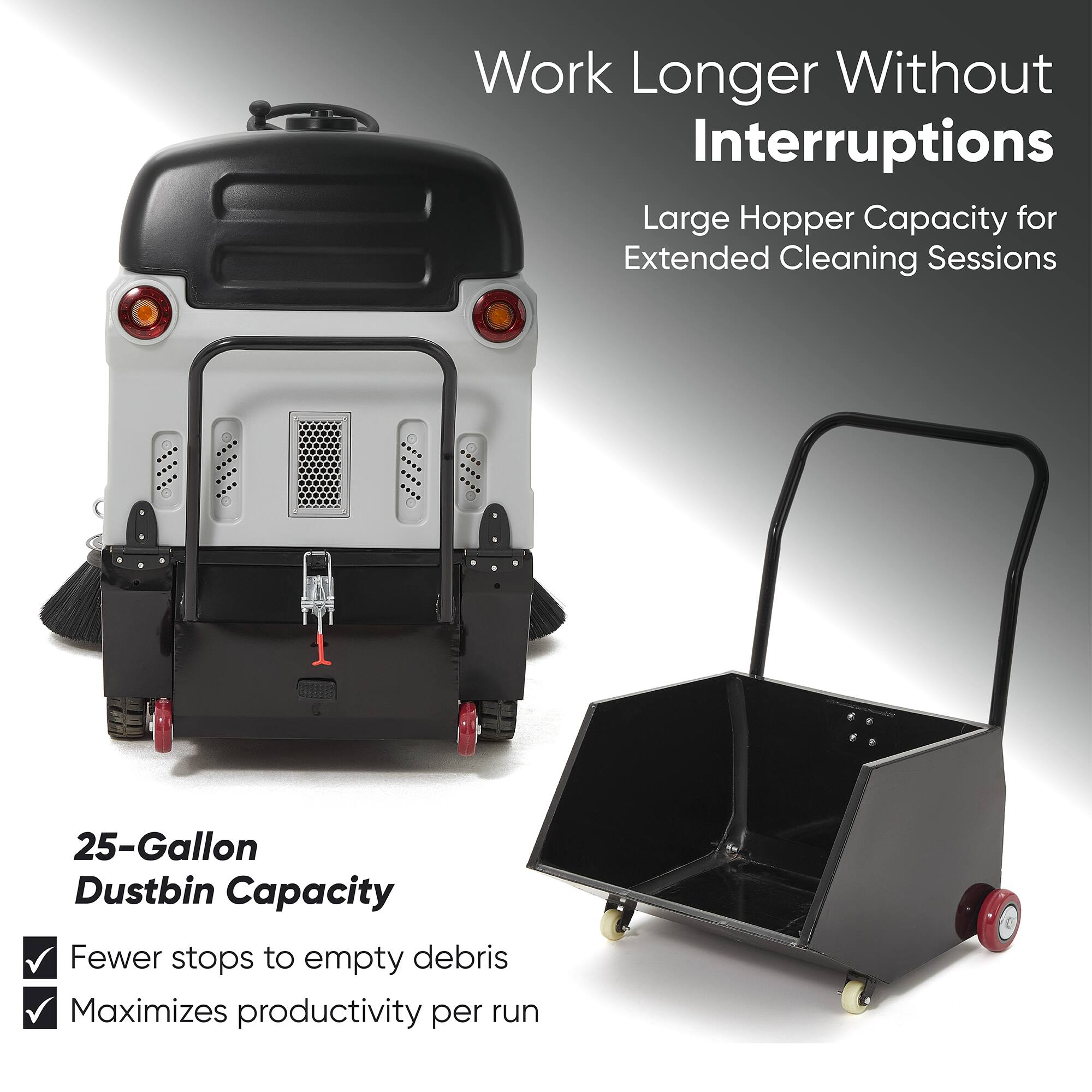 Work Longer Without Interruptions

Large Hopper Capacity for Extended Cleaning Sessions

25-Gallon Dustbin Capacity

- Fewer stops to empty debris
- Maximizes productivity per run
