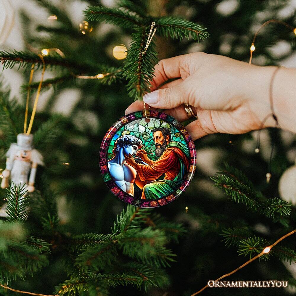 Alt View 1. OrnamentallyYou - Michelangelo Sculpting David in Stained Glass Themed Christmas Ornament Renaissance Italy Gift - Multi-colored.