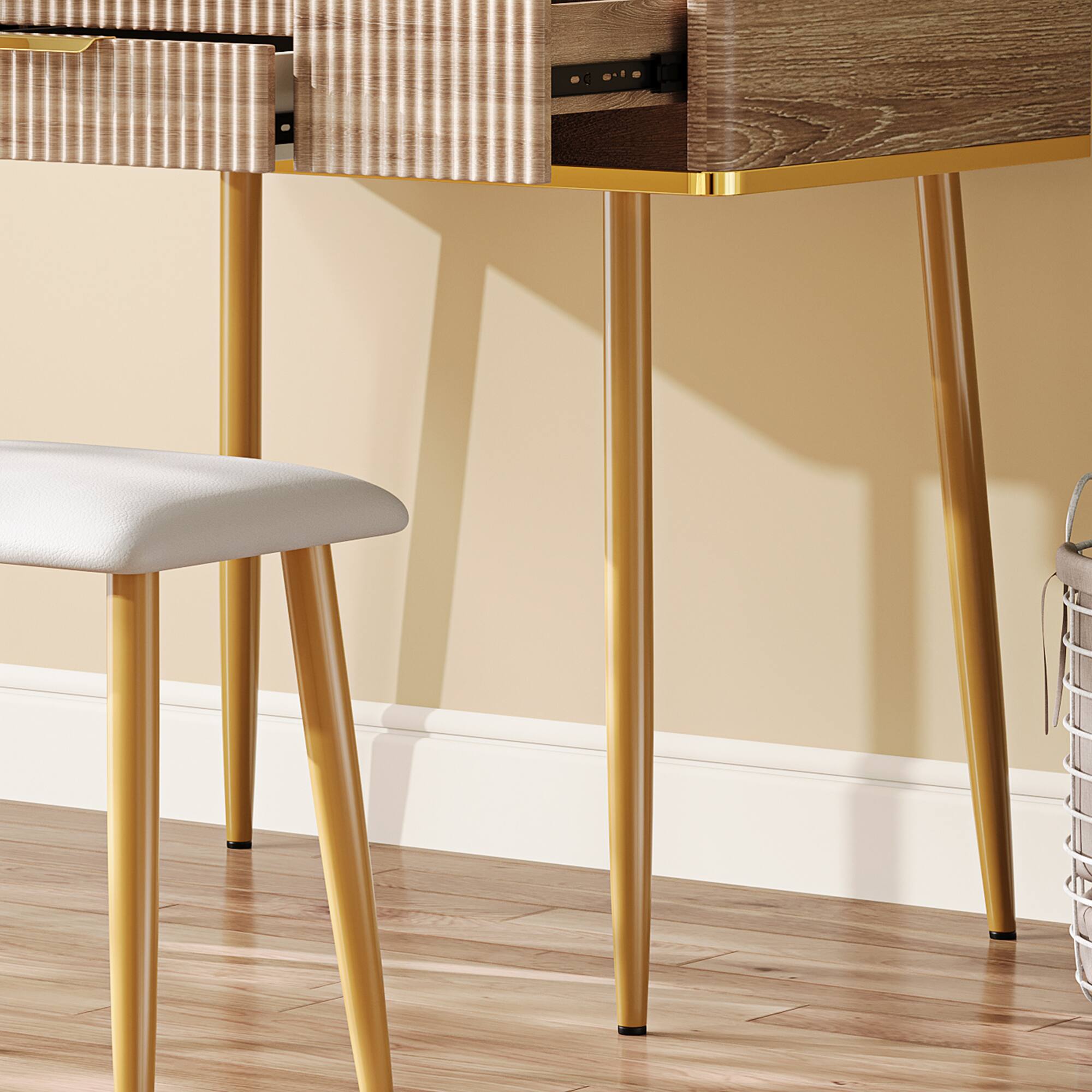 Alt View 6. GOODSILO - Elegant Fluted Vanity Desk with LED Mirror and Jewelry Storage, Modern Dressing Table with Comfortable Stool - Yellow Brown.