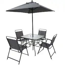 APRILSOUL - For Living Sling Folding Dining Set Steel Frame Tempered Glass Umbrella Included - Gray