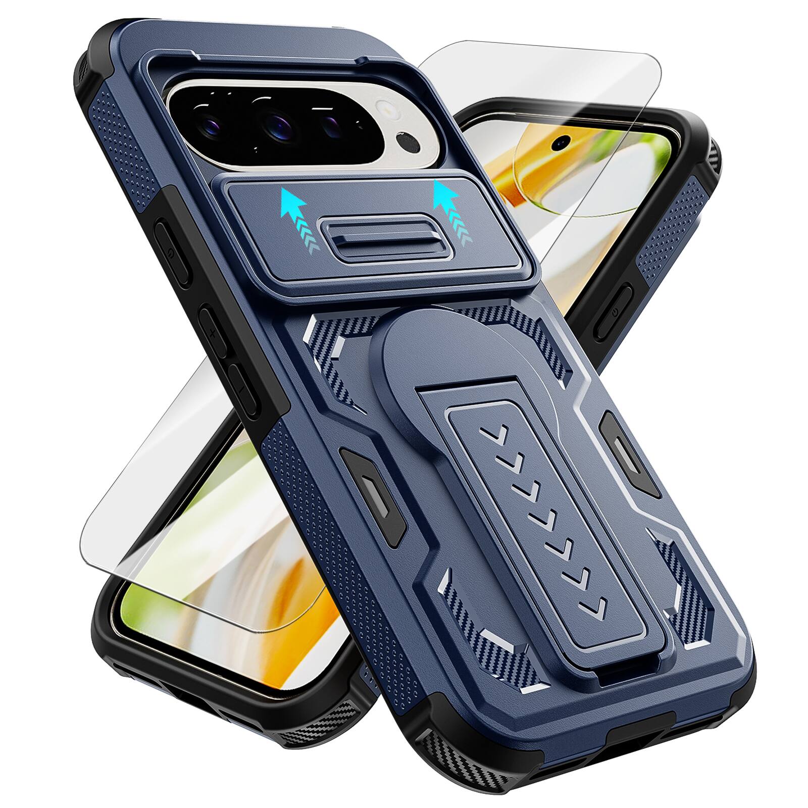 Front. Dteck - Rugged Stand Case for Google Pixel 10 / 10 Pro/Pixel 9 / 9 Pro,Heavy Duty Cover With Sliding Lens Cover+Tempered Glass - Blue.