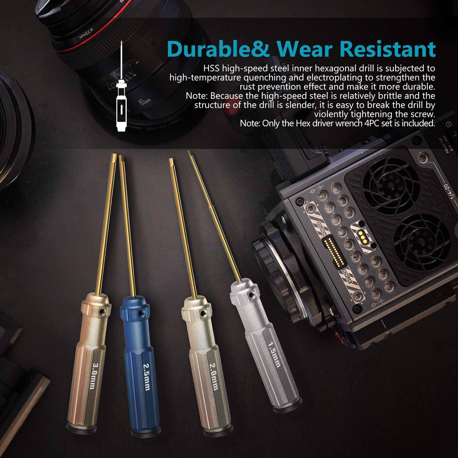 1. Durable & Wear Resistant
   HSS high-speed steel inner hexagonal drill is subjected to high-temperature quenching and electroplating to strengthen the rust prevention effect and make it more durable. Note: Because the high-speed steel is relatively brittle and the structure of the drill is slender, it is easy to break the drill by violently tightening the screw. Note: Only the Hex driver wrench 4PC set is included.

2. 1/4-20 CUISE 3 3.0mm 2.5mm 2.0mm 1.5mm