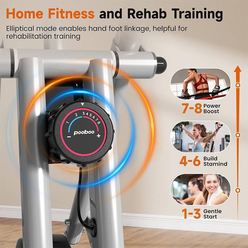 Home Fitness and Rehab Training  
Elliptical mode enables hand foot linkage, helpful for rehabilitation training  

7-8 Power Boost  
4-6 Build Stamina  
1-3 Gentle Start