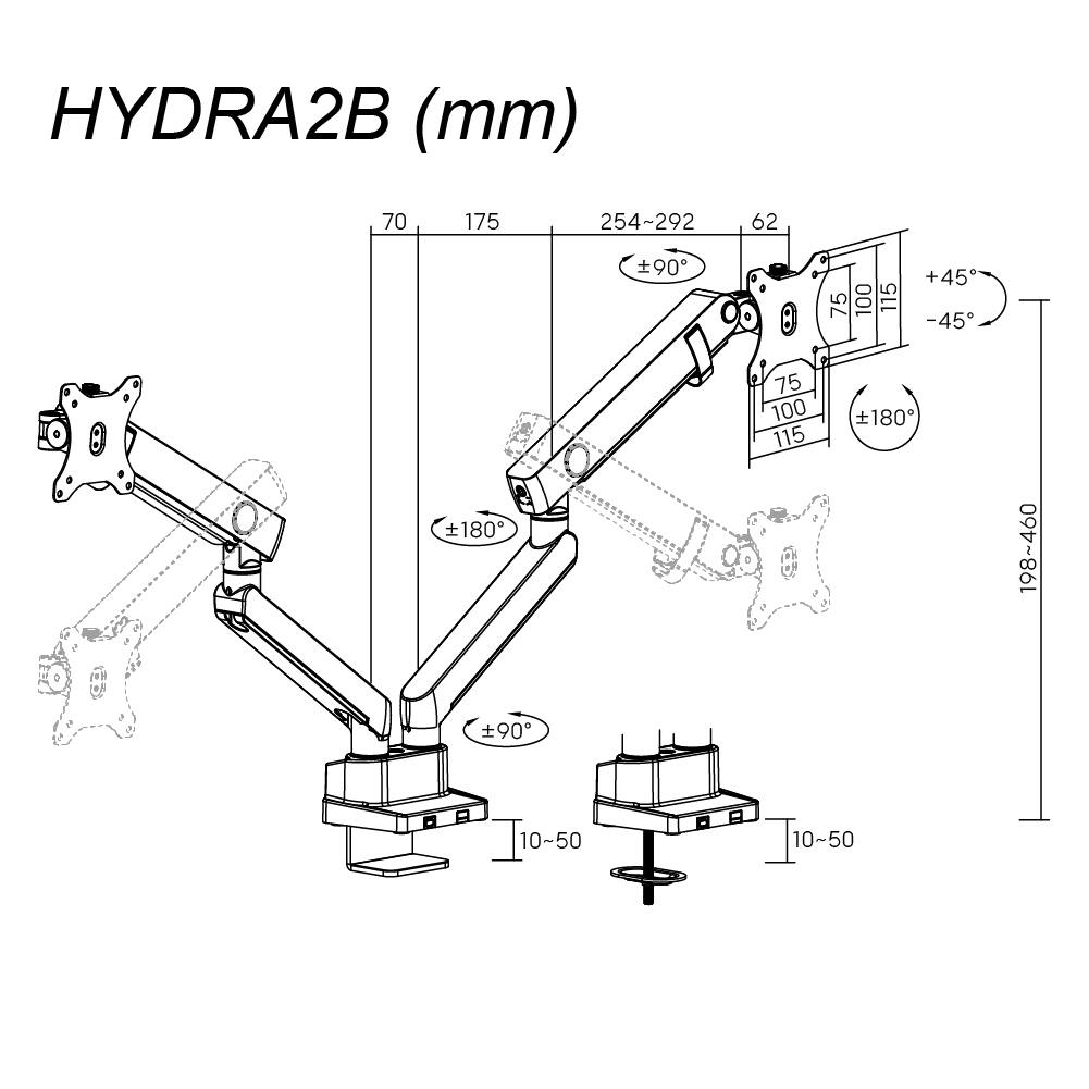 HYDRA2B (mm)

- 70
- 175
- 254~292
- 62
- ±90°
- 75
- 100
- 115
- ±45°
- 180
- 75
- 100
- 115
- ±180°
- 198~460
- ±90°
- 10~50
- 10~50