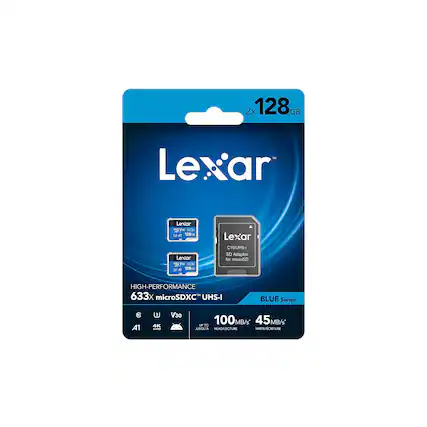 2x 128GB
Lexar
Lexar V30 633x UA 128GB Lexar 200 633k 41 12808
Lexar C10/UHS-I SD Adapter for microSD
HIGH-PERFORMANCE M 633x microSDXC UHS-I
BLUE Series
A1
B 4K UHD
V30
100MB/s* 45MB/s UPTO READ/LECTURE WRITE CRITURE