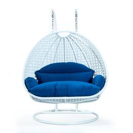 LeisureMod - Modern 2-Person Outdoor Egg Swing White Wicker Chair with Stand, Plush Washable Cushions & Waterproof Cover - Dark Green
