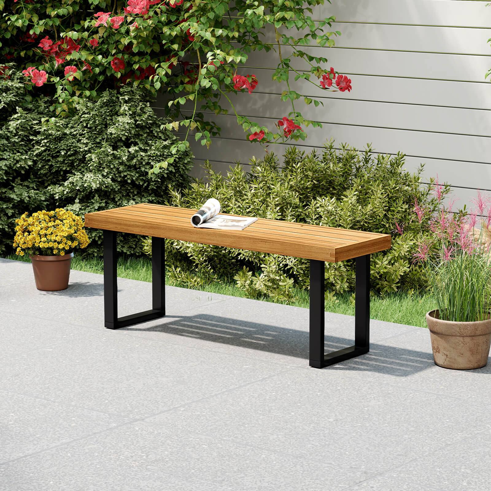 Alt View 1. Costway - Costway 2 PCS 48" Acacia Wood Bench for 2 with Metal Legs Adjustable Foot Pads for Entryway - Natural,Black.