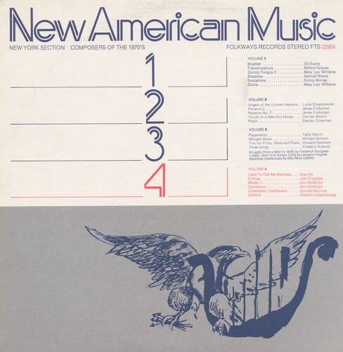 **New American Music**  
NEW YORK SECTION  
COMPOSERS OF THE 1970'S  

**VOLUME 1**  
- Bluefish  
- G4 Evans  
- Transmutations  
- Graves 1  
- Gioria  
- Shadows  
- Evocations  
- Zoning  
- Fungus  
- Mary Mary Lou Lou  

**VOLUME 2**  
- Angels of the Lucia Dlugoszewak  
- Patterna Petterna  
- Pianth Youth in NO 2  
- A Merciful House  
- James 1  

**VOLUME 3**  
- Trie O and Three  
- Fredenck Ged  
- A Chid  

**VOLUME 4**  
- Used To Call Me Sadness  
- Nos Ain  
- Echoes Joe Chadebe  
- Whale Cybersonic Camelours  
- Conflict Contievers  
- Viedimir Ann  
- Ann Goedon  
- McMillan Ussachevsky  

FOLKWAYS RECORDS STEREO FTS 33904