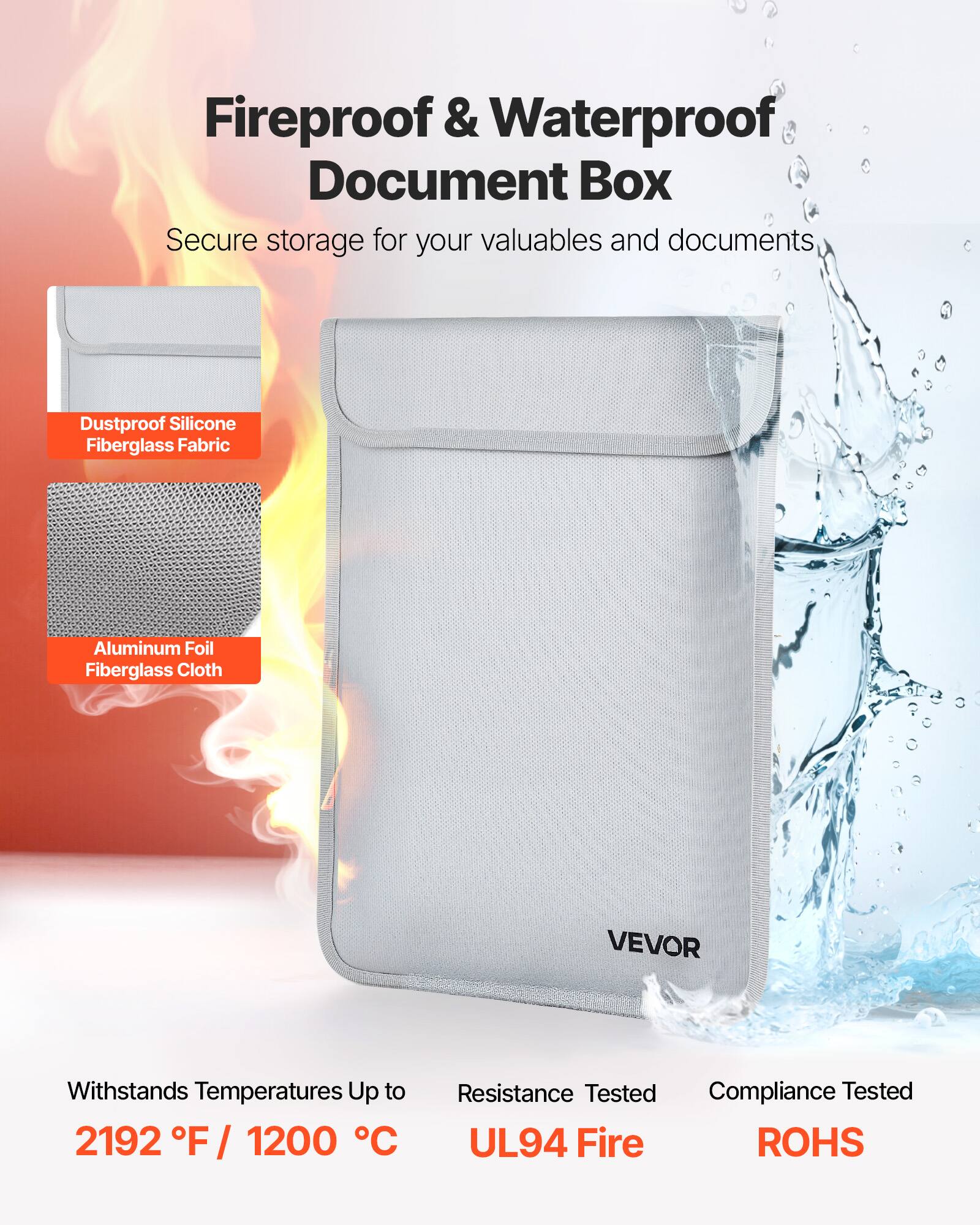 Fireproof & Waterproof Document Box

Secure storage for your valuables and documents

- Dustproof Silicone Fiberglass Fabric
- Aluminum Foil Fiberglass Cloth

Withstands Temperatures Up to 2192°F / 1200°C

Resistance Tested UL94 Fire

Compliance Tested ROHS