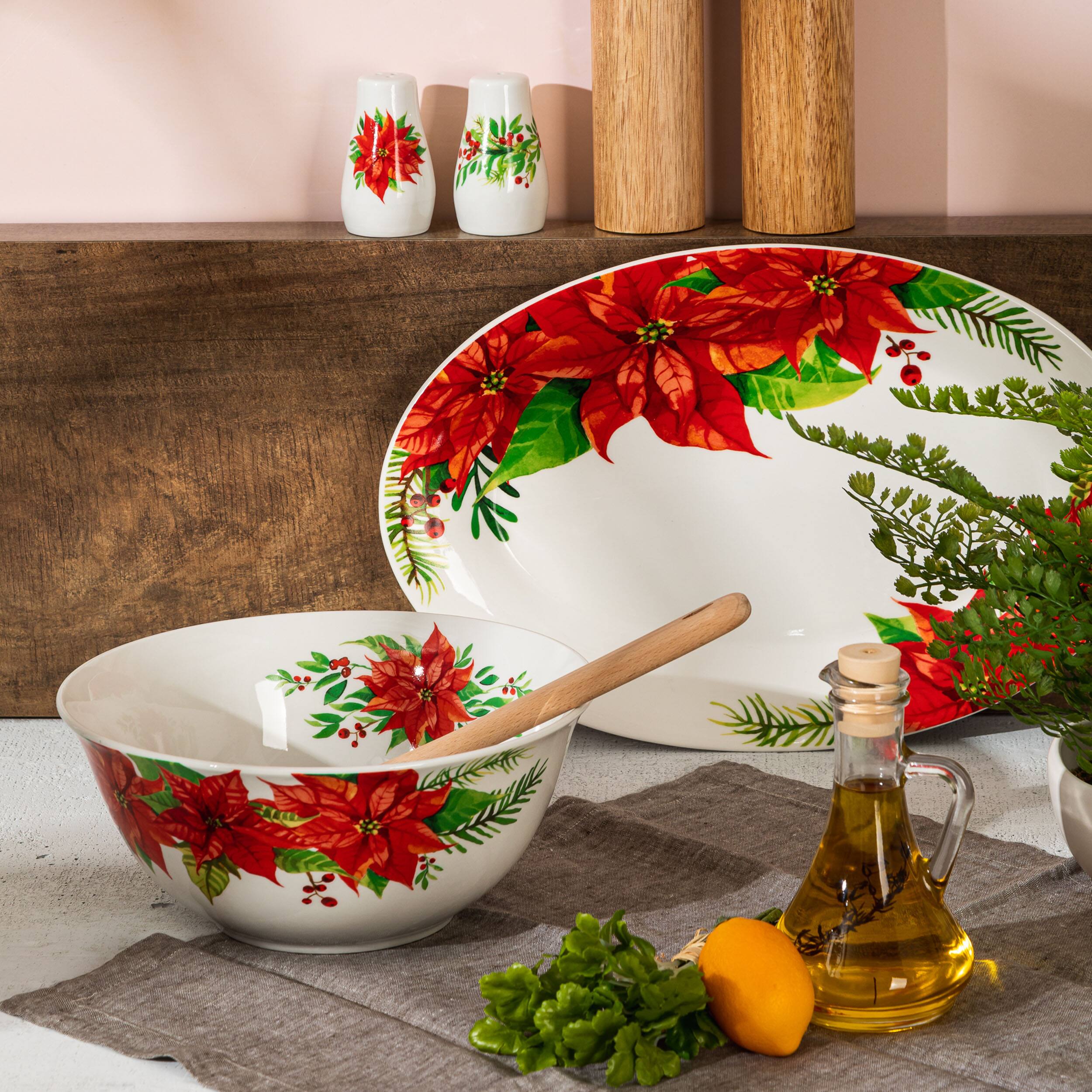 Alt View 6. Gibson - Gibson Home 4 Piece Ceramic Serving Set in White With Poinsettia Decorations - White.