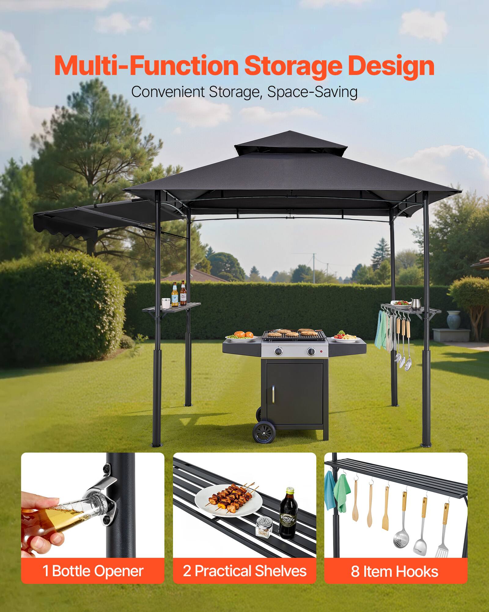 Multi-Function Storage Design  
Convenient Storage, Space-Saving  

1 Bottle Opener  
2 Practical Shelves  
8 Item Hooks