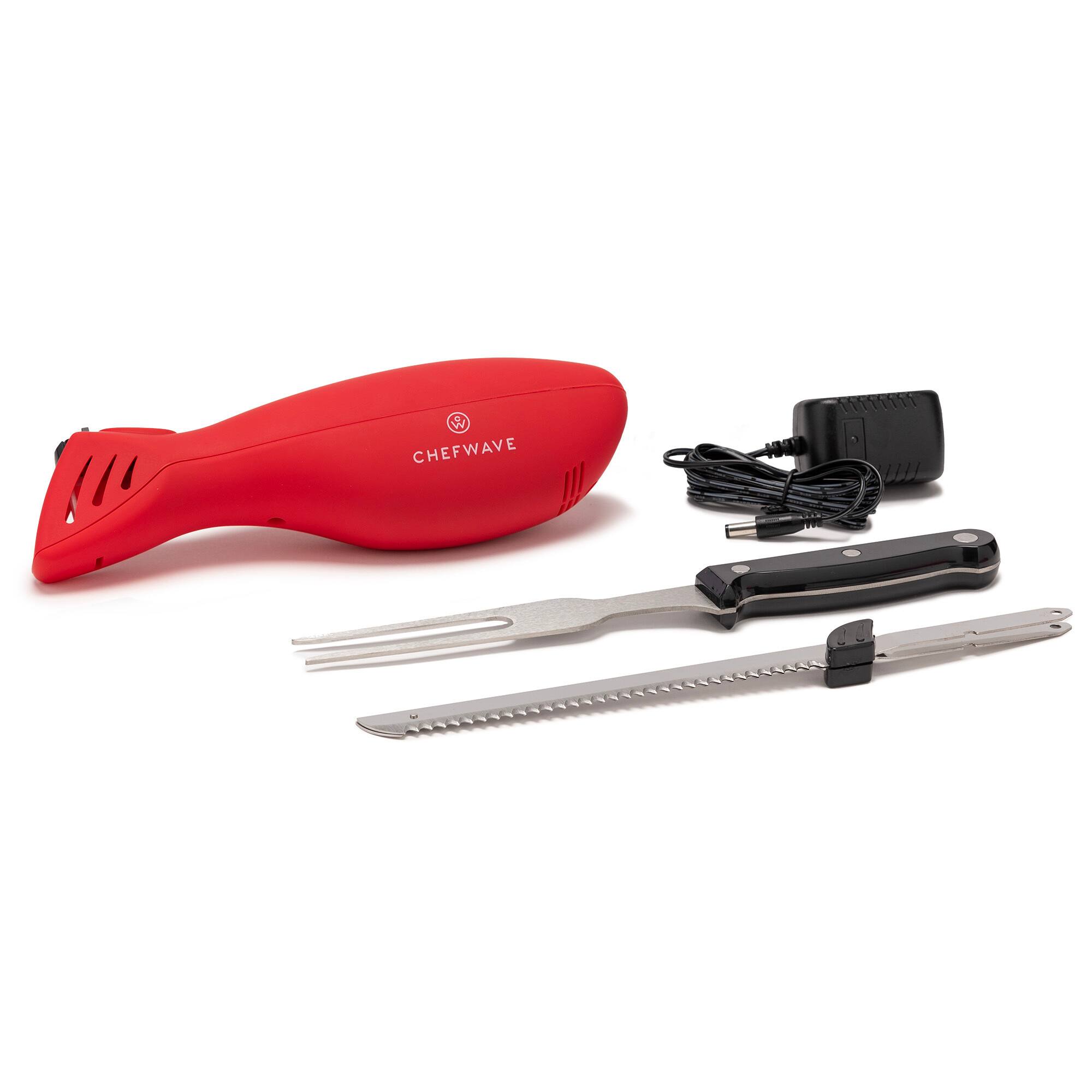 Back. ChefWave - Rechargeable Electric Knife with 2 Serrated Blades and Safety Lock (Red).