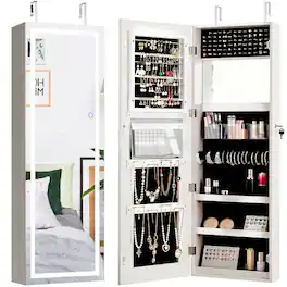 Costway - Door Wall Mount Touch Screen LED Light Mirrored Jewelry Cabinet Storage - White