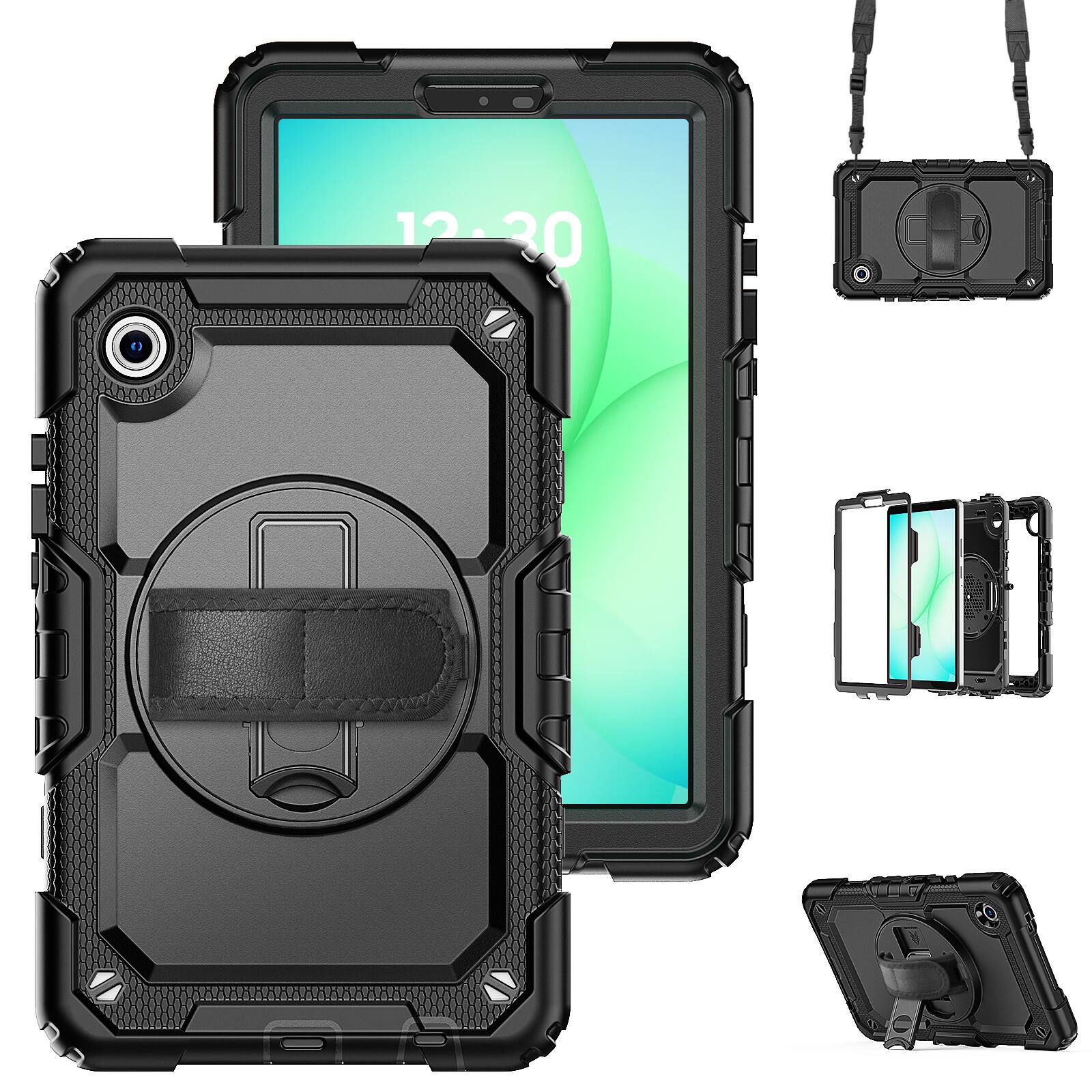 Left. Dteck - For Samsung Galaxy Tab A11 2025/A9 2023 8.7'' Shockproof Three-Layer Stand Shoulder Strap Case Built-in Screen Protector - Black.