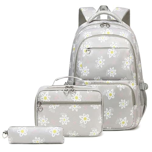 Cozy Serene - Backpack For Bookbag With Lunch Box School Bag Set 3pcs Flower Daypack Teens - Flower-grey-Daypack Backpacks