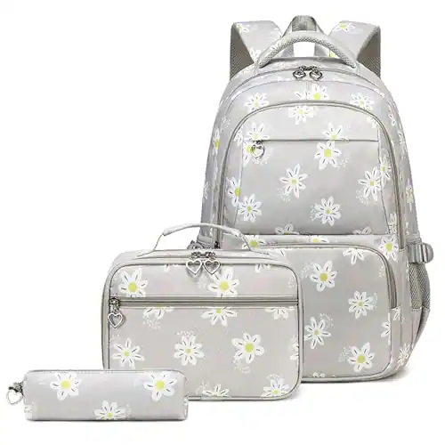 Front. Cozy Serene - Backpack For Bookbag With Lunch Box School Bag Set 3pcs Flower Daypack Teens - Flower-grey-Daypack Backpacks.
