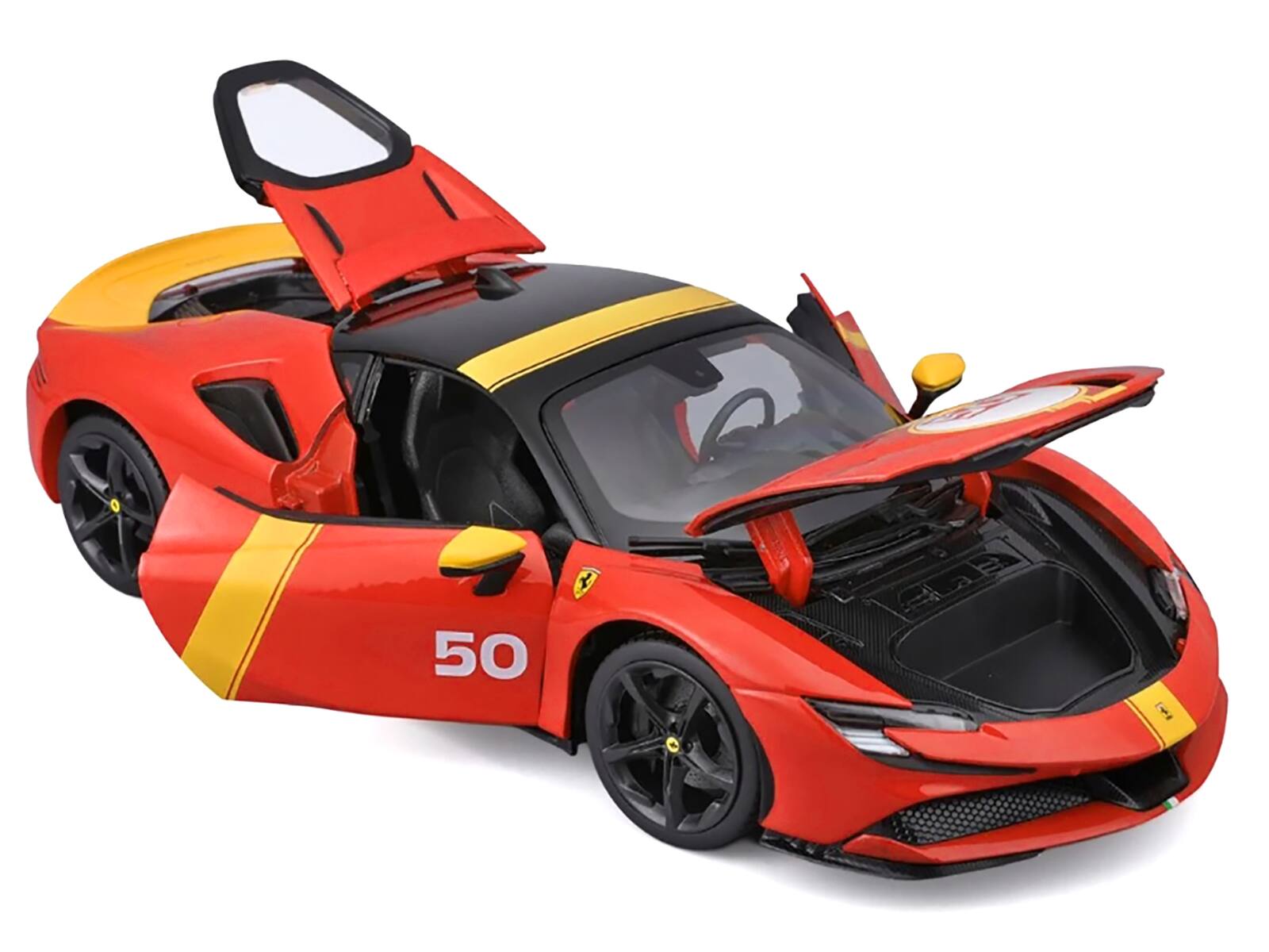 Angle. Bburago - Ferrari SF90 Stradale Assetto Fiorano #50 Red with Black Top and Yellow Stripes "Race + Play" Series 1/18 Diecast - Multicolor.