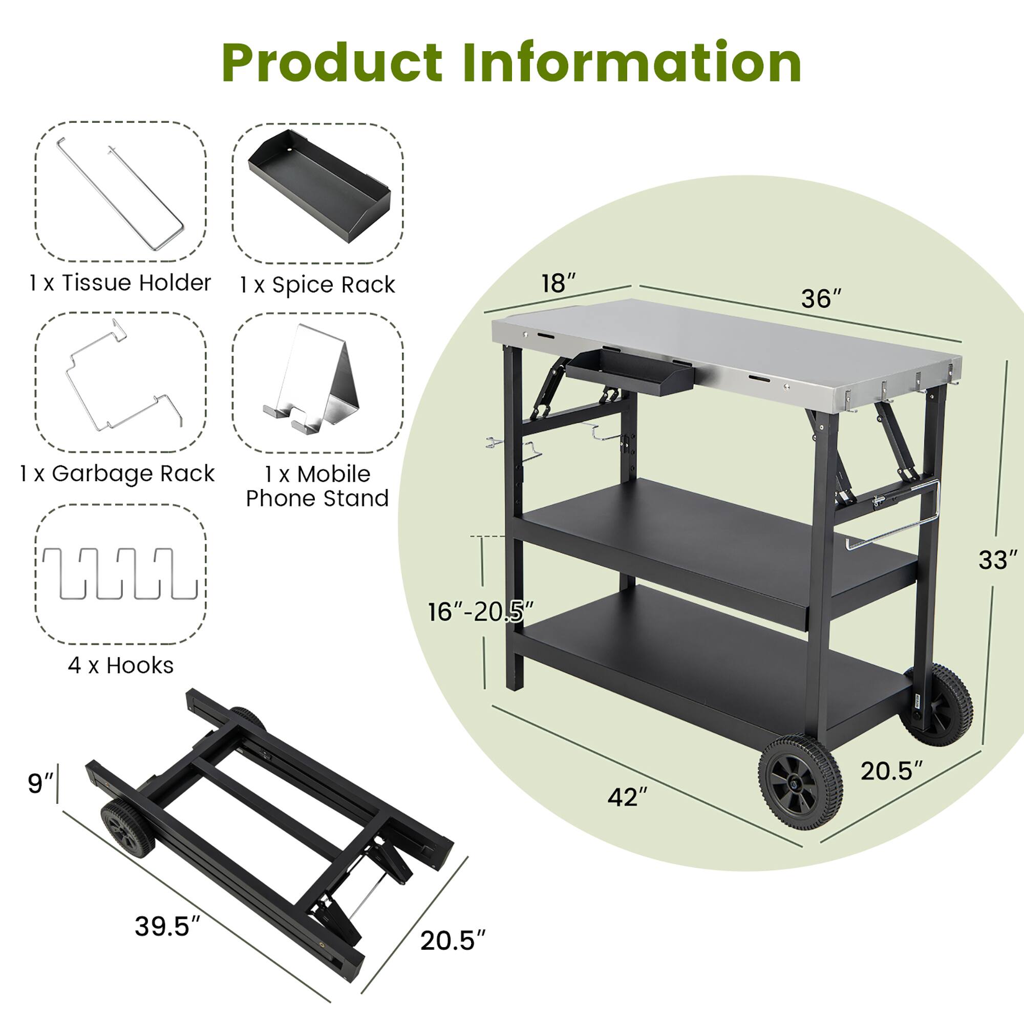 Product Information

- 1 x Tissue Holder
- 1 x Spice Rack
- 1 x Garbage Rack
- 1 x Mobile Phone Stand
- 4 x Hooks

Dimensions:
- 18" x 36"
- 16" - 20.5" x 33"
- 9" x 42" x 20.5"
- 39.5" x 20.5"