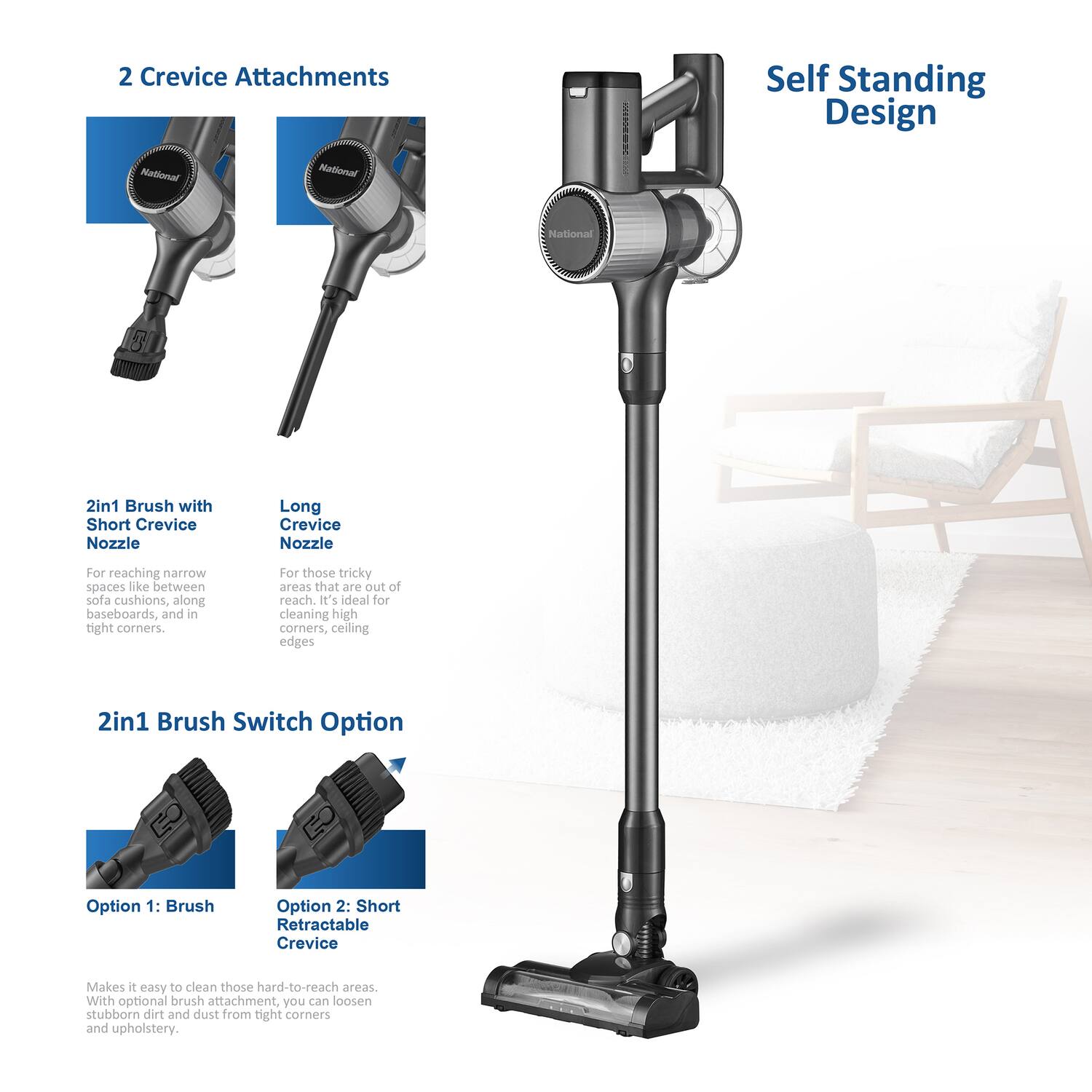 2 Crevice Attachments

National

Self Standing Design

2in1 Brush with Short Crevice Nozzle

Long Crevice Nozzle

For reaching narrow spaces like between sofa cushions, along baseboards, and in tight corners. For those tricky areas that are out of reach. It's ideal for cleaning high corners, ceiling edges.

2in1 Brush Switch Option

Option 1: Brush

Option 2: Short Retractable Crevice

Makes it easy to clean those hard-to-reach areas. With optional brush attachment, you can loosen stubborn dirt and dust from tight corners and upholstery.