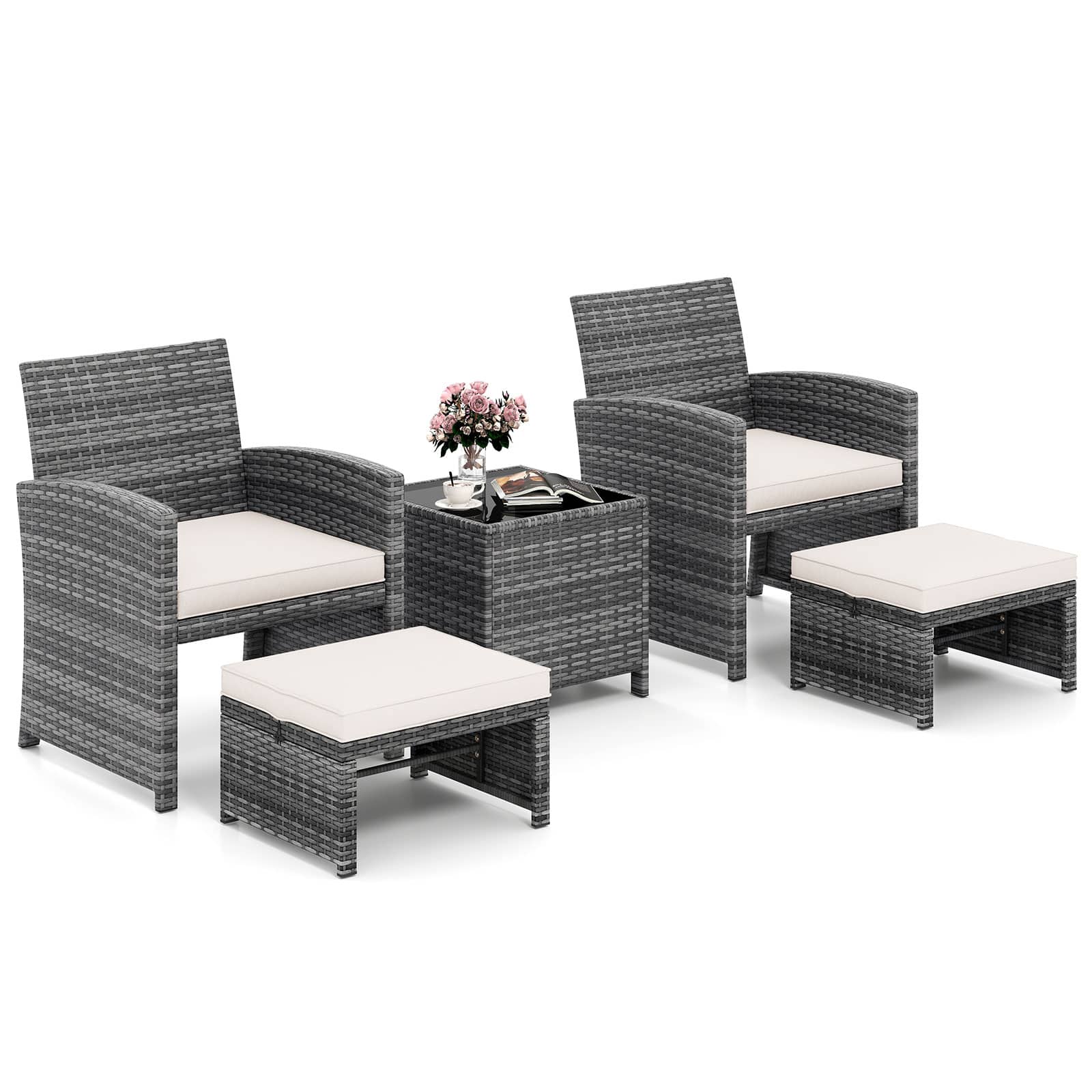 Gymax - 5 Pieces Patio Furniture Set PE Wicker Lounge Chairs w/ 2 Ottomans Outdoor - White