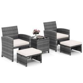 Costway - 5 Pieces Patio Furniture Set PE Wicker Outdoor Lounge Chairs with 2 Ottomans - White