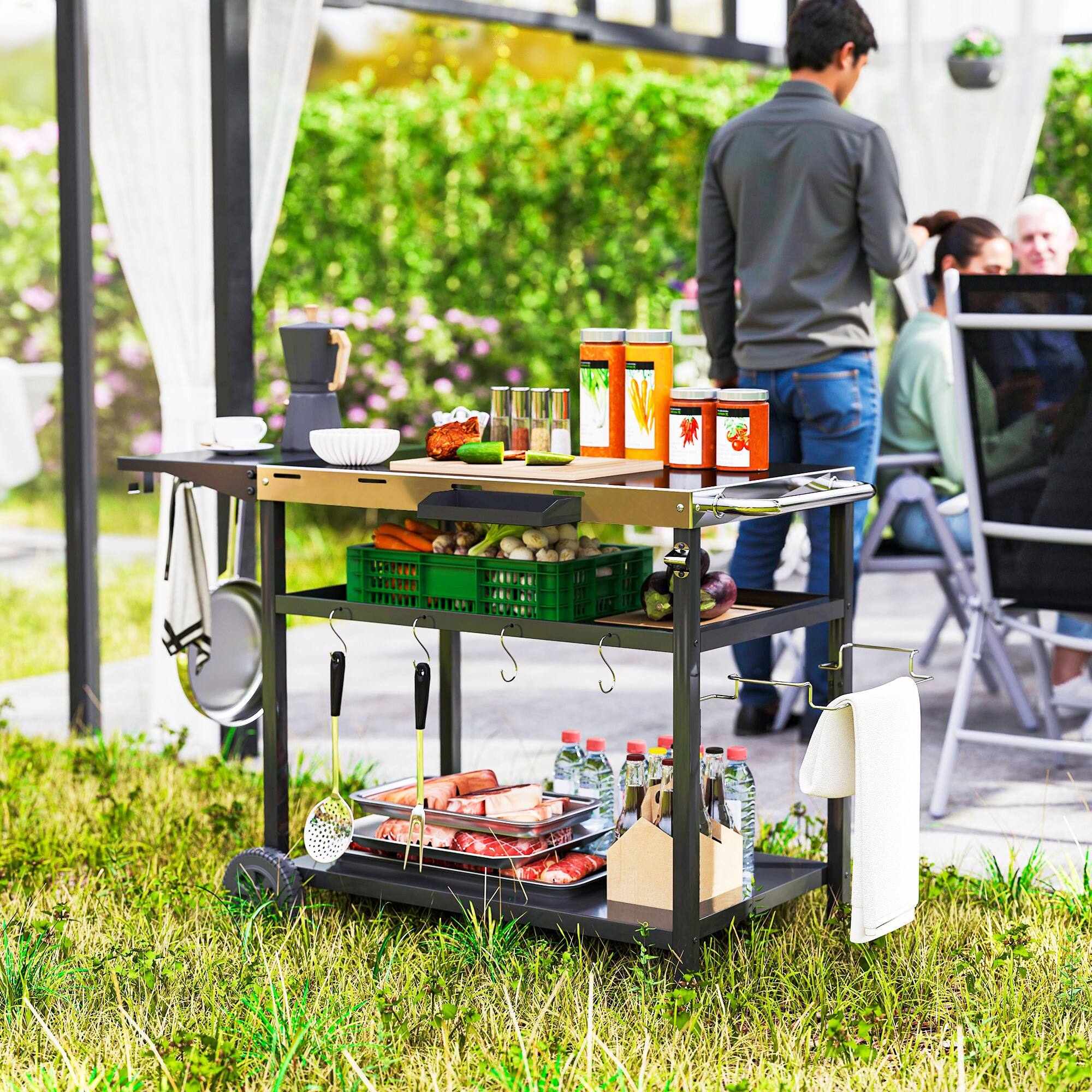 Alt View 1. Outsunny - Bar Cart Grill Table with Stainless Steel Tabletop - Black.