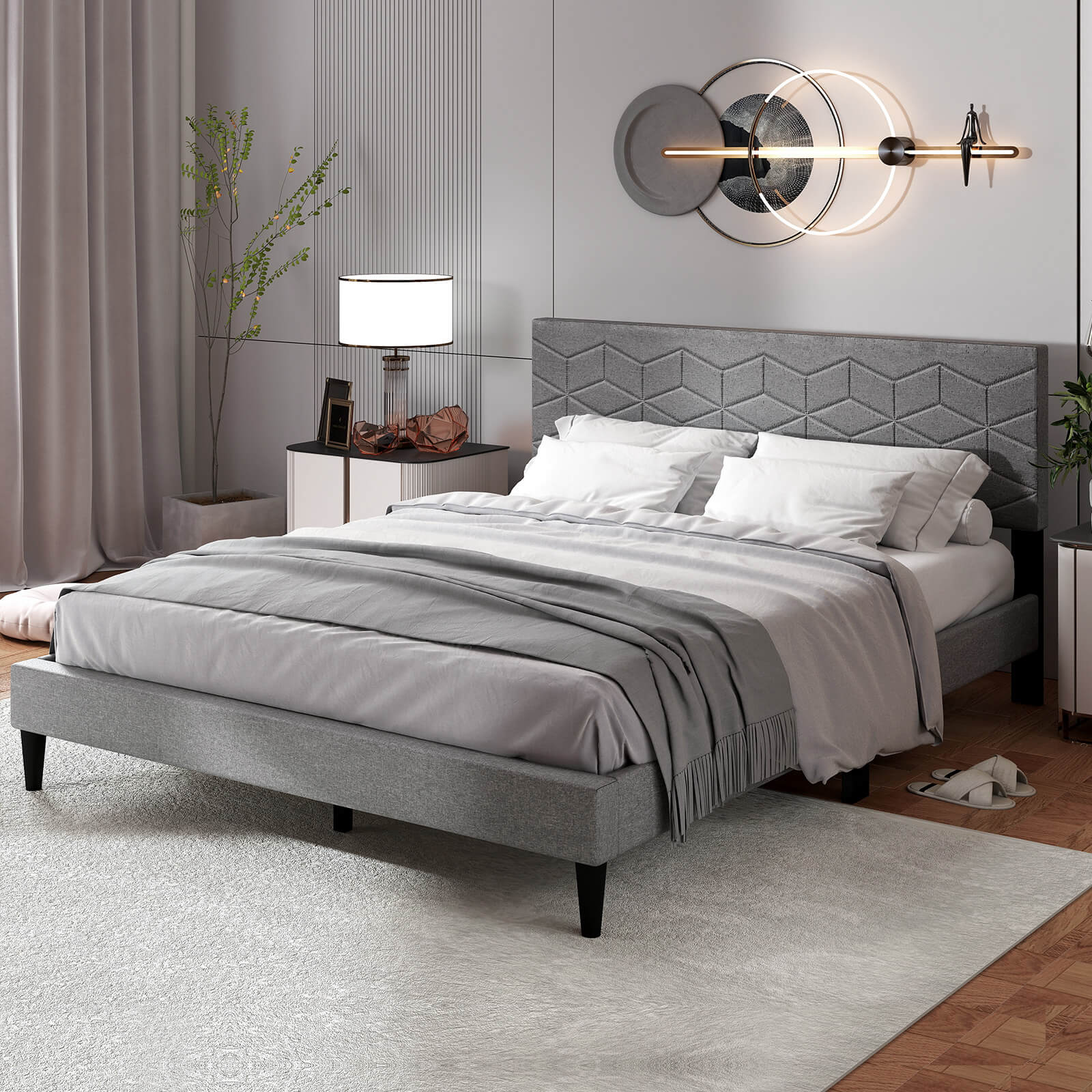 Alt View 1. Costway - Costway Queen Size Bed Frame with Linen Fabric Upholstered Headboard & Wooden Slat Support - Gray.
