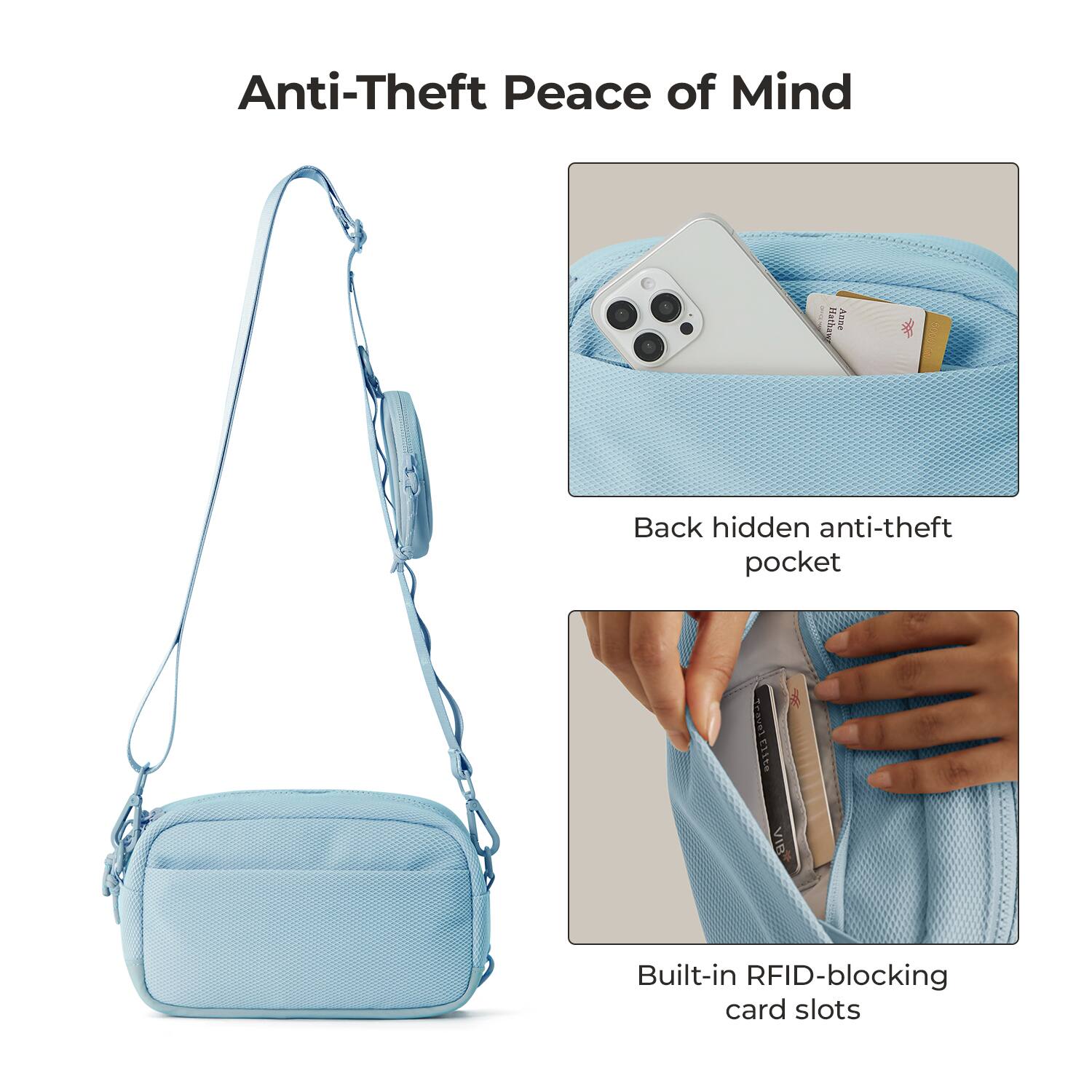Anti-Theft Peace of Mind

Hathaw Anne
5000

Back hidden anti-theft pocket

Travel Elite VIRE

Built-in RFID-blocking card slots
