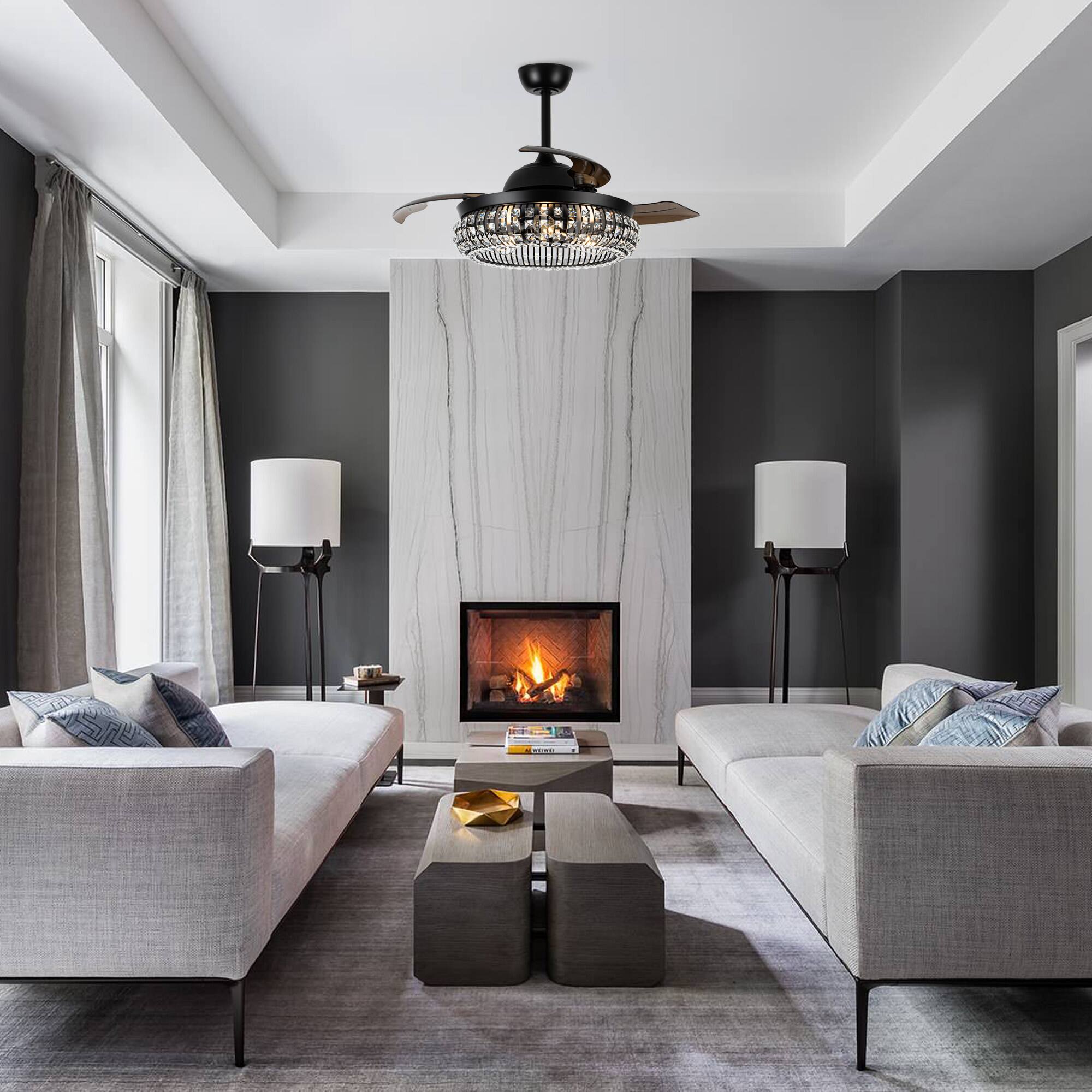 Left. Parrot Uncle - 42" Modern Black 3-Light Crystal Ceiling Fan with Remote - Black.